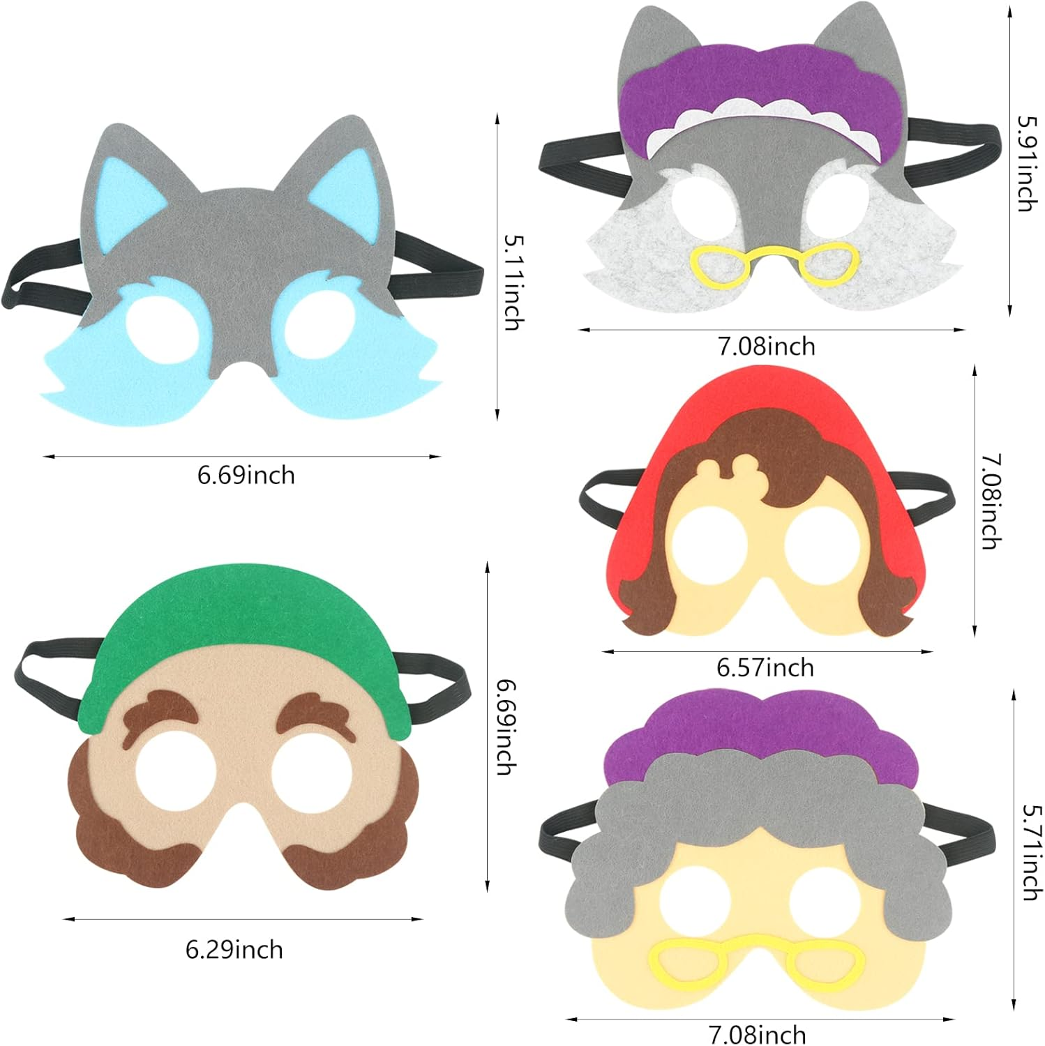 Little Red Riding Hood and Big Bad Wolf Masks Costume, 5Pcs Half Face Felt Masks for for Toddlers Kids Classroom Activities, Bedtime Storytelling, Costume Parties