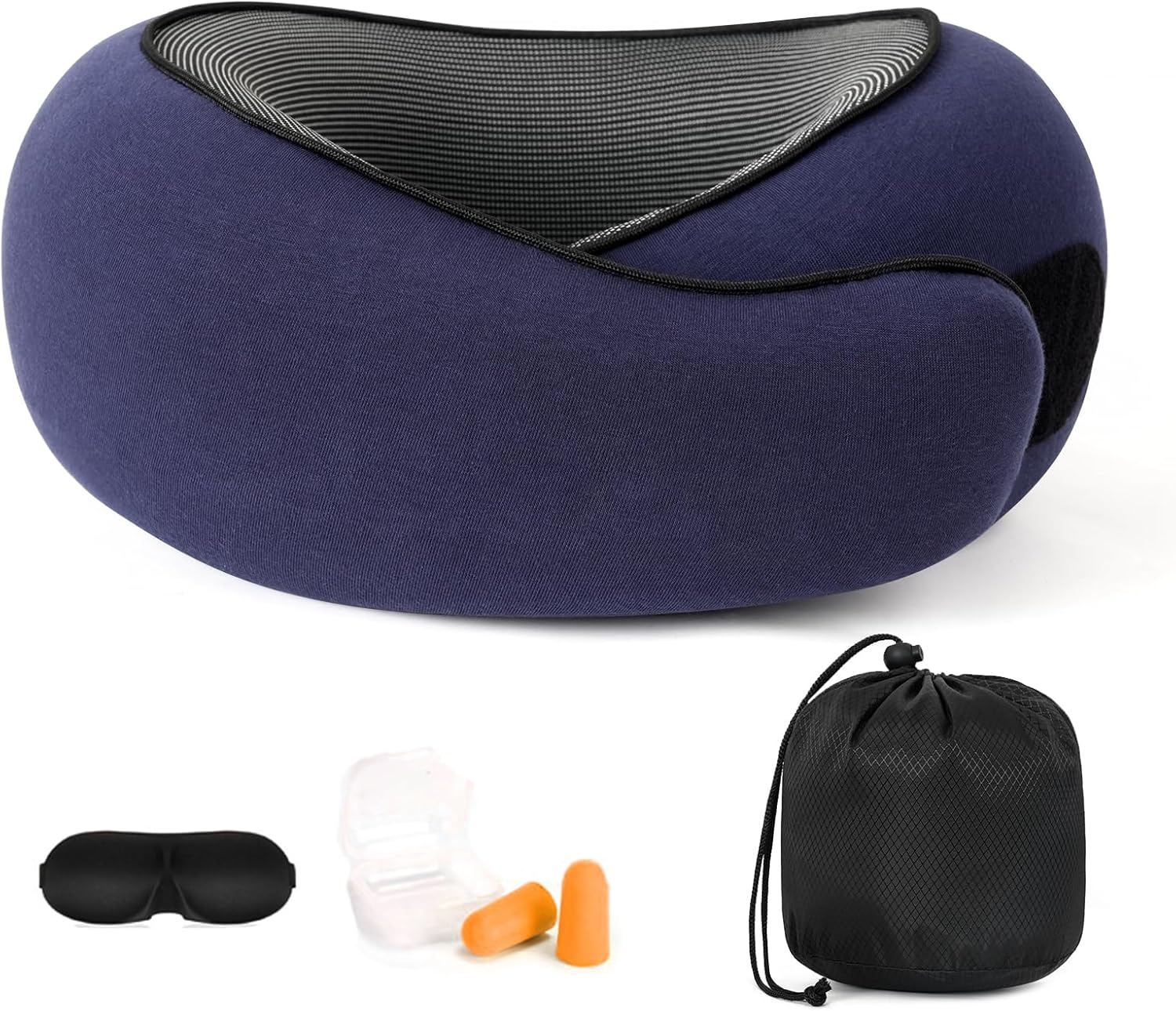 Travel Neck Pillow, Memory Foam Travel Neck Pillow for Airplanes, 360&deg; Support Stowable Pillows for Sleeping, Airplane Travel Kit with 3D Contoured Eye Masks, Earplugs, and Storage Bag (Grey)