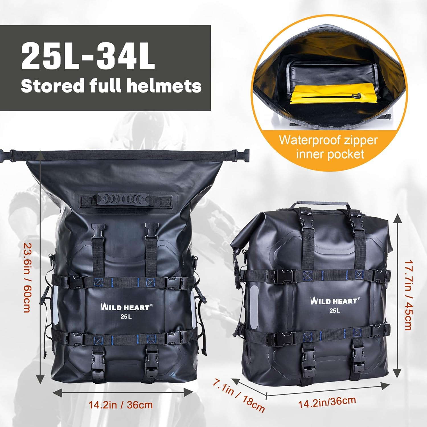 WILD HEART Motorcycle Side Bag Stainless Steel Suspension Waterproof Bag Saddlebags 20L/25L Waterproof Pianner Bag Wear-Resistant General-Purpose Bike Accessories, Black, 25L, Motorcycle Aluminium image number 1