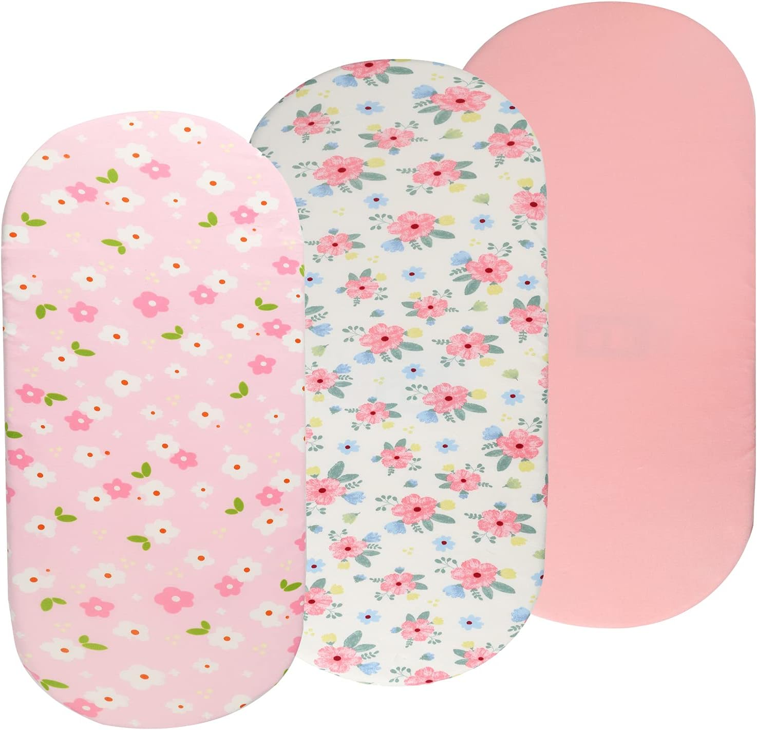 Bassinet Sheets Set 3 Pack for Baby Girl, Stretchy Soft Jersey Knitted Fitted Sheet Universal for Oval Rectangle and Hourglass Bassinet Mattress, Pink Floral image number 4