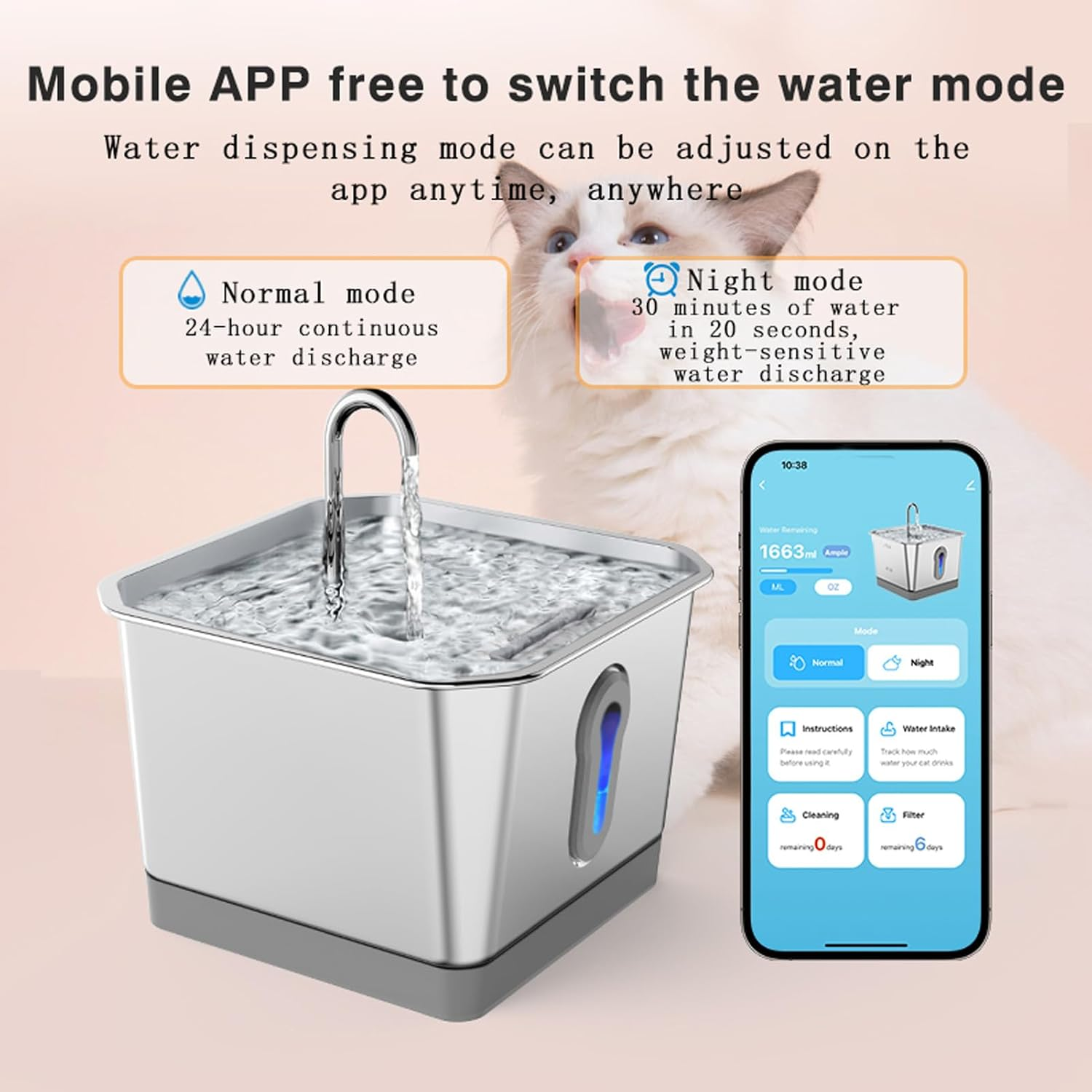 Bewinner Smart Cat Water Fountain Cordless - 3.5L Stainless Steel Automatic Pet Fountain with Activated Carbon & App Alert image number 2