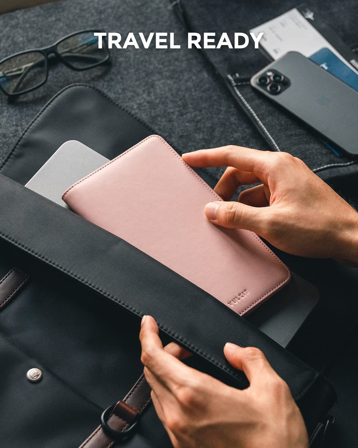 VULKIT Passport Wallet Premium Nappa Leather RFID Blocking Travel Wallet for Men & Women - Cf Black image number 5