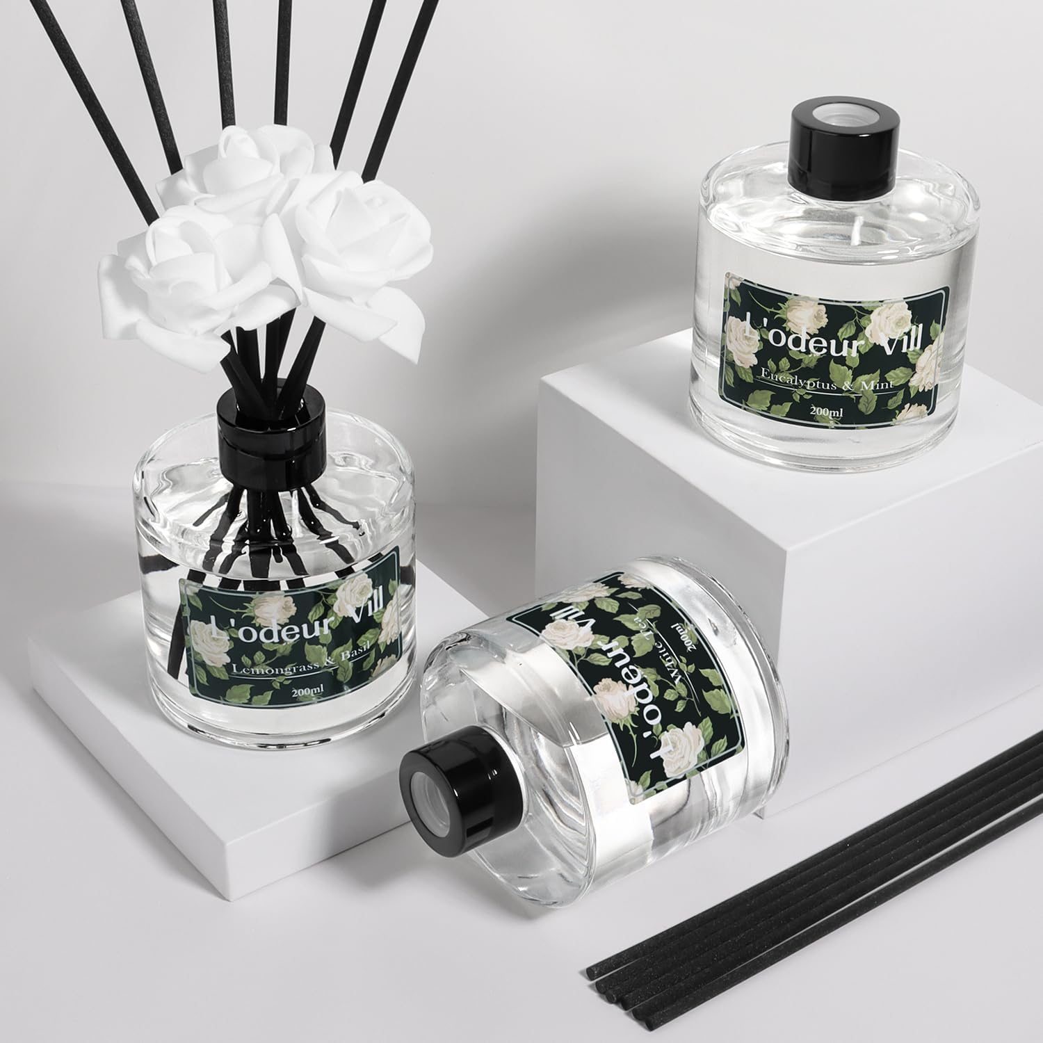 L'Odeur Vill Reed Diffuser Set, 6.7 Oz Eucalyptus & Mint Scented Diffuser with 6 Sticks, Reed Diffuser with 3 Artificial Rose Home Fragrance for Bathroom Shelf Decor image number 4