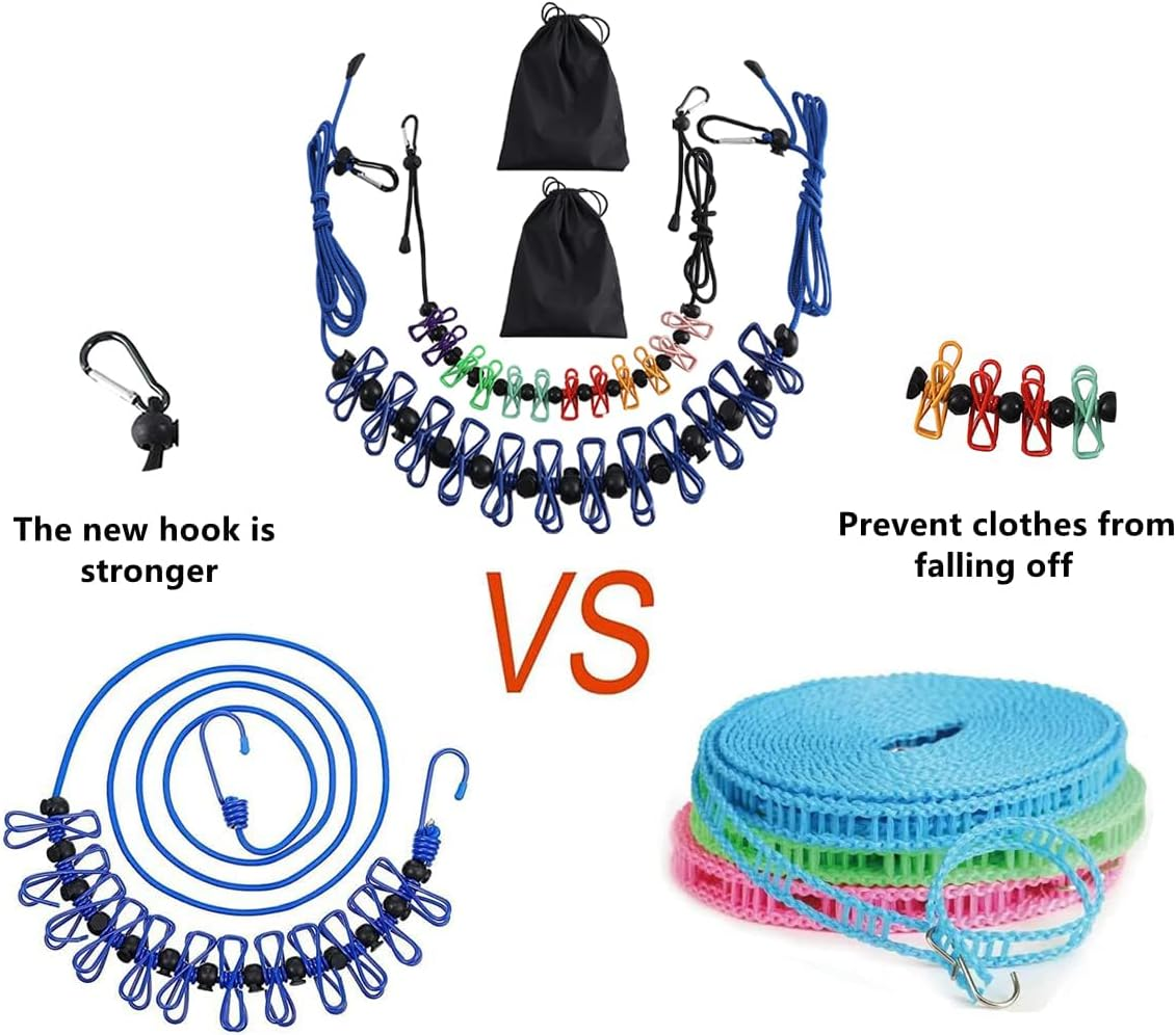 2 Pack Portable Clothesline with Climbing Carabiner Travel Clothesline with 12 Clothespins, Home Retractable Portable Clothesline for Indoor and Outdoor, Outdoor Camping (Blue) image number 2