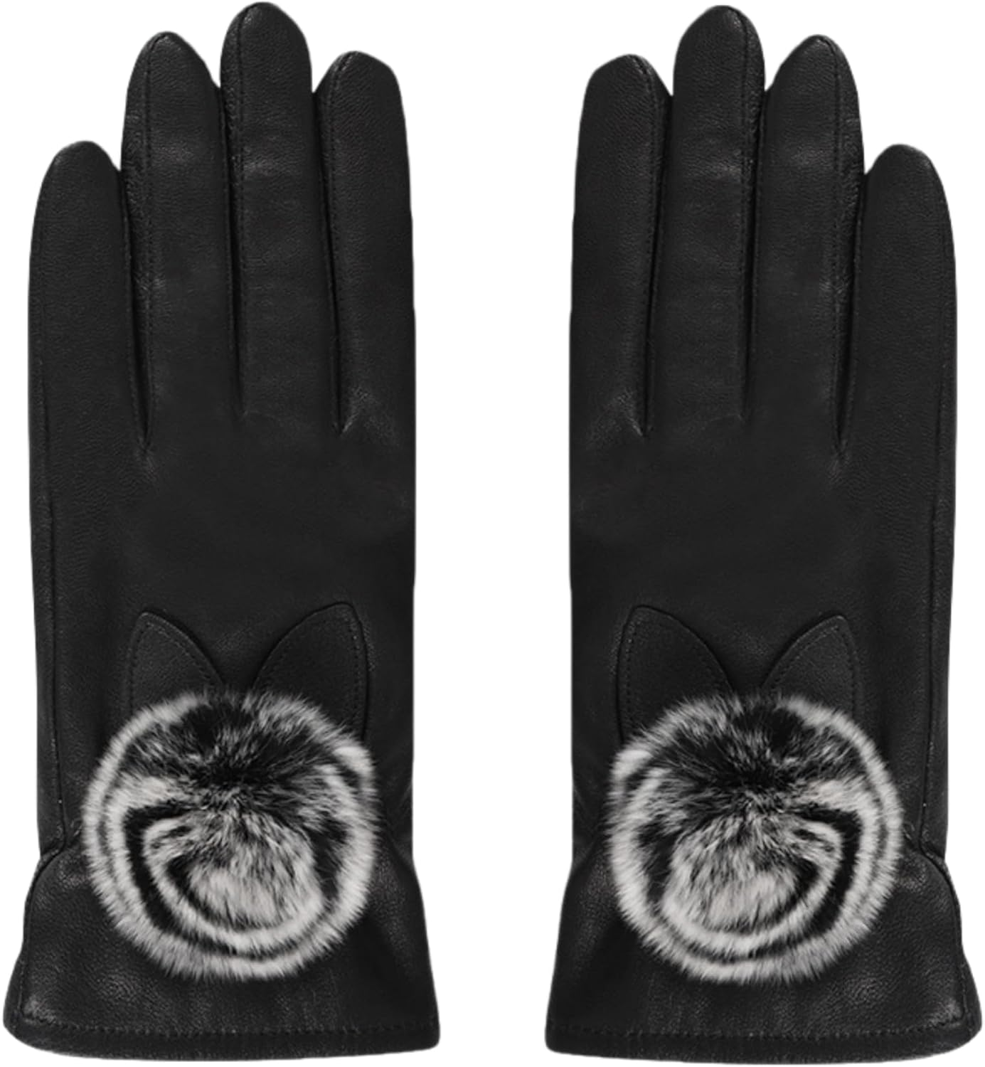 Women Leather Gloves Women'S Faux Sheepskin Winter Touchscreen, Windproof, Warm, Cold-Proof, Soft Fleece Lining, Ear Pom-Poms