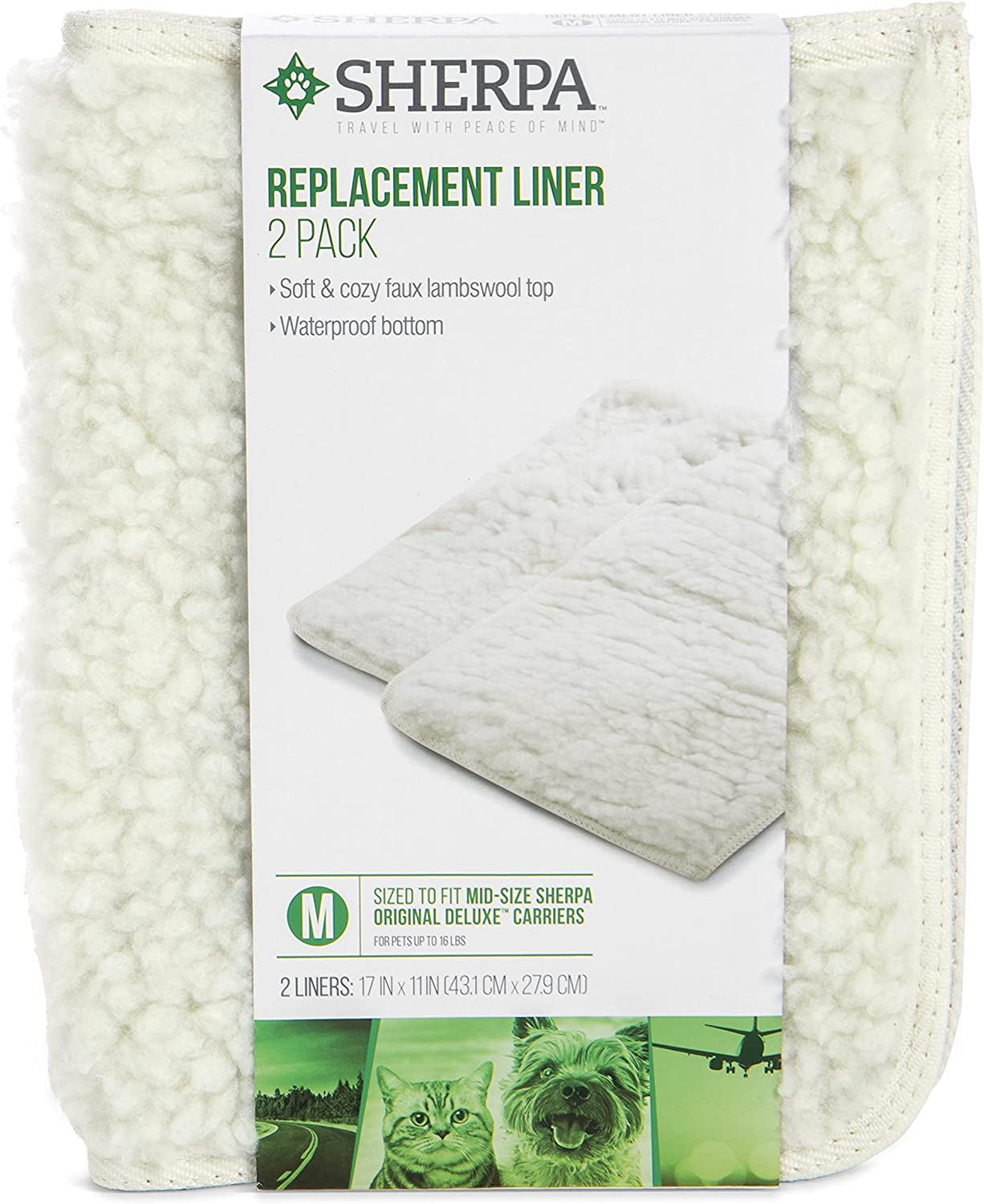 Sherpa, Replacement Liner (2-Pack), for Pet Carrier, Faux Lambskin, Absorbent, Cozy, Soft, Thick, Machine Washable, with Waterproof Backing, Small image number 1