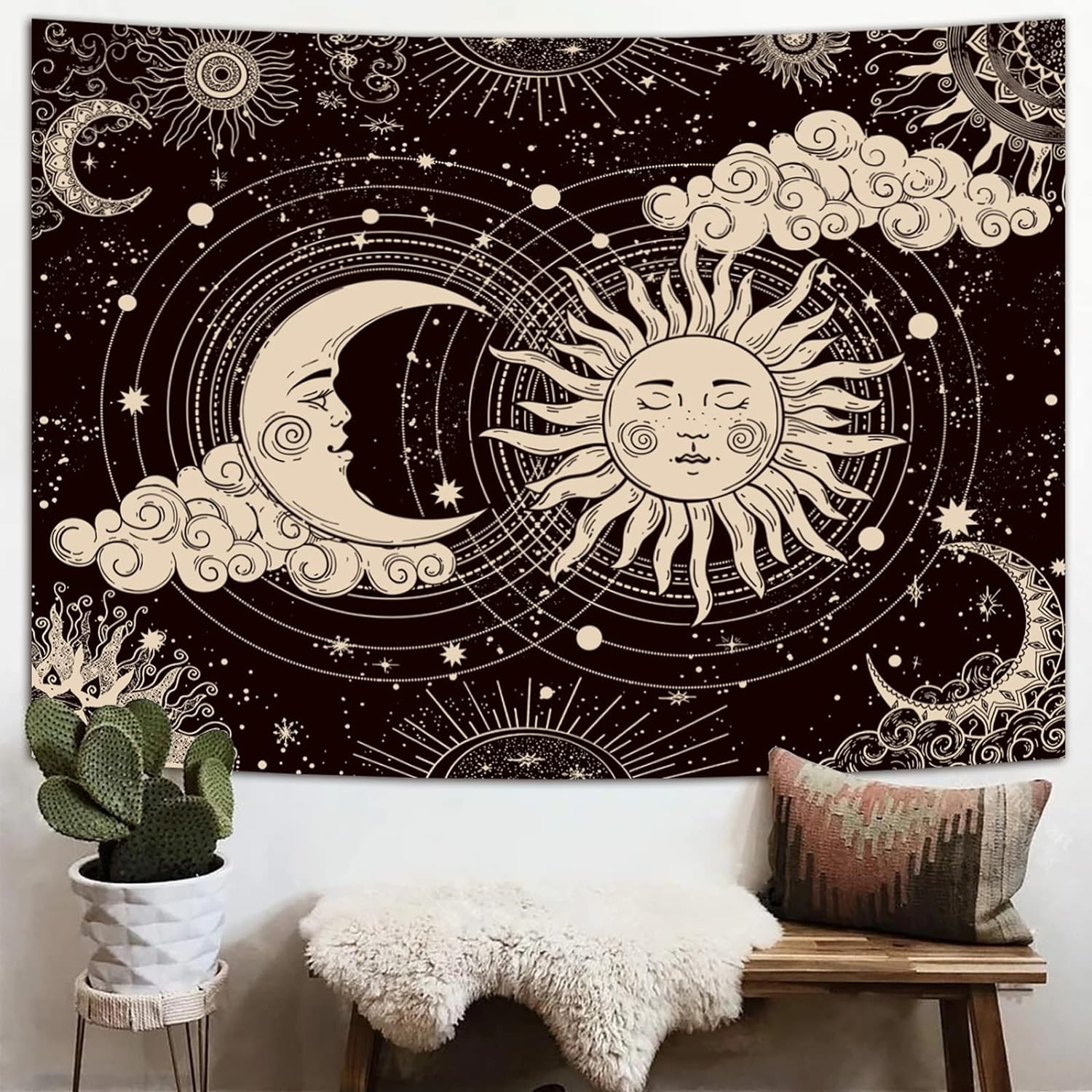 Sun and Moon Tapestry, Aesthetic Black Dark Spiritual Tapestries Mystic Burning Sun with Clouds Star Wall Hanging Decor for Bedroom (59.1" X 82.7") image number 4