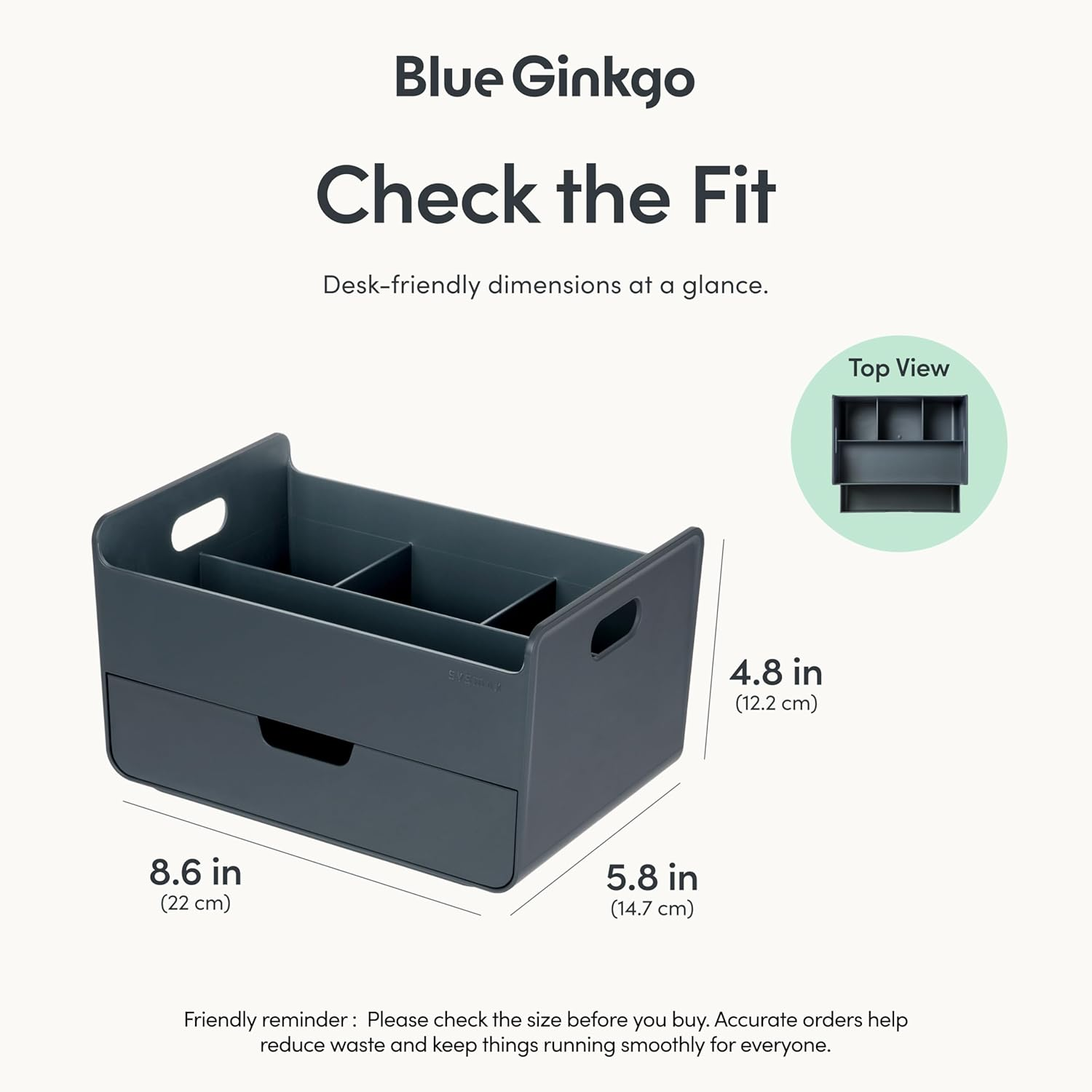 BLUE GINKGO Portable Desk Organizer &ndash; Compact 3 Compartment, Half-Drawer Storage &ndash; Pen Holder, Stationery Desktop Organizer for Office, Makeup, Crafts (Made in Korea, Blue) image number 3