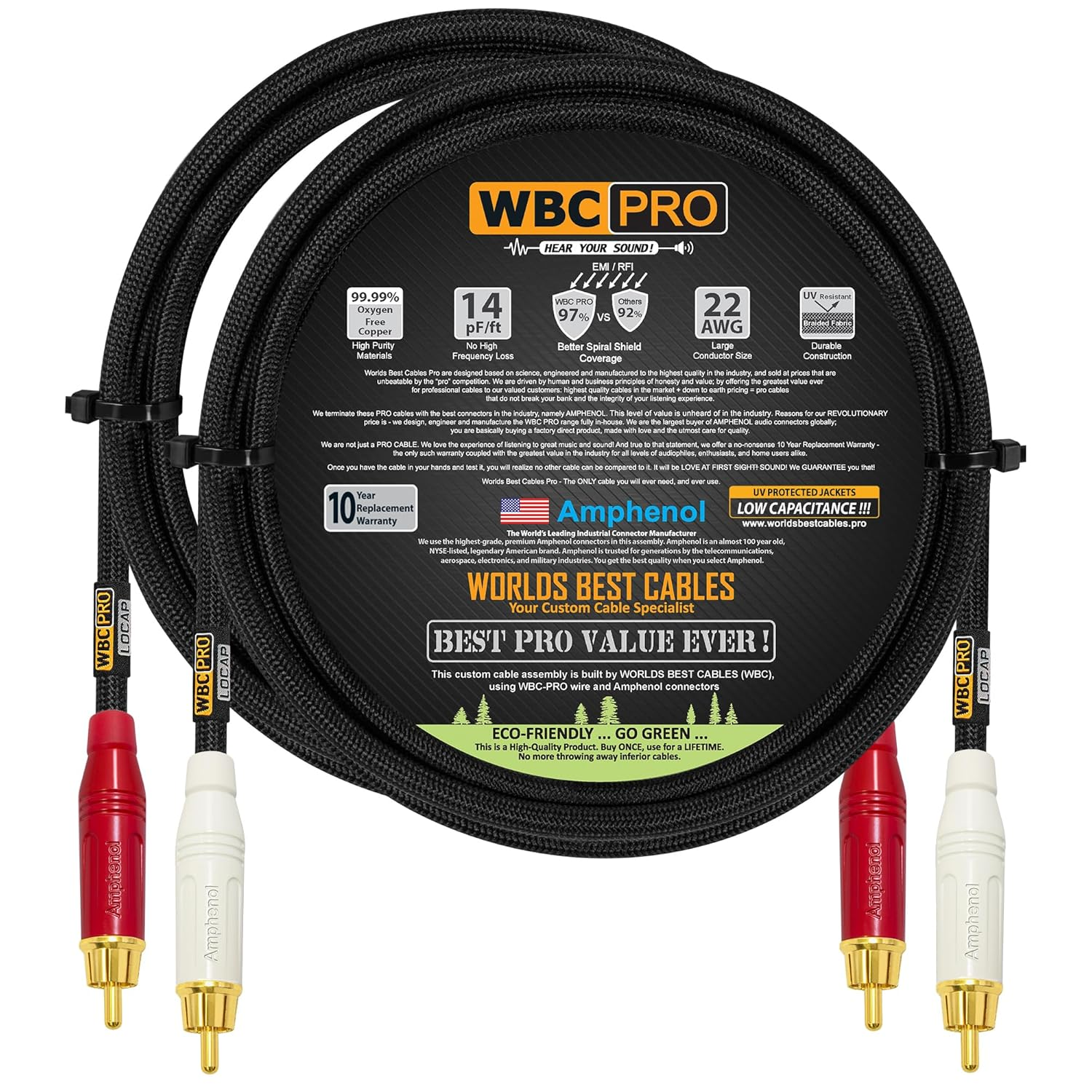 12 Foot RCA Cable Pair - WBC-PRO-LOCAP Lowest-Capacitance (14Pf/Ft) 22 AWG Ultra-Silent Audiophile & Professional-Grade Audio Interconnect Cable with Amphenol ACPR Gold RCA Plugs & Black Tweed Jacket image number 6