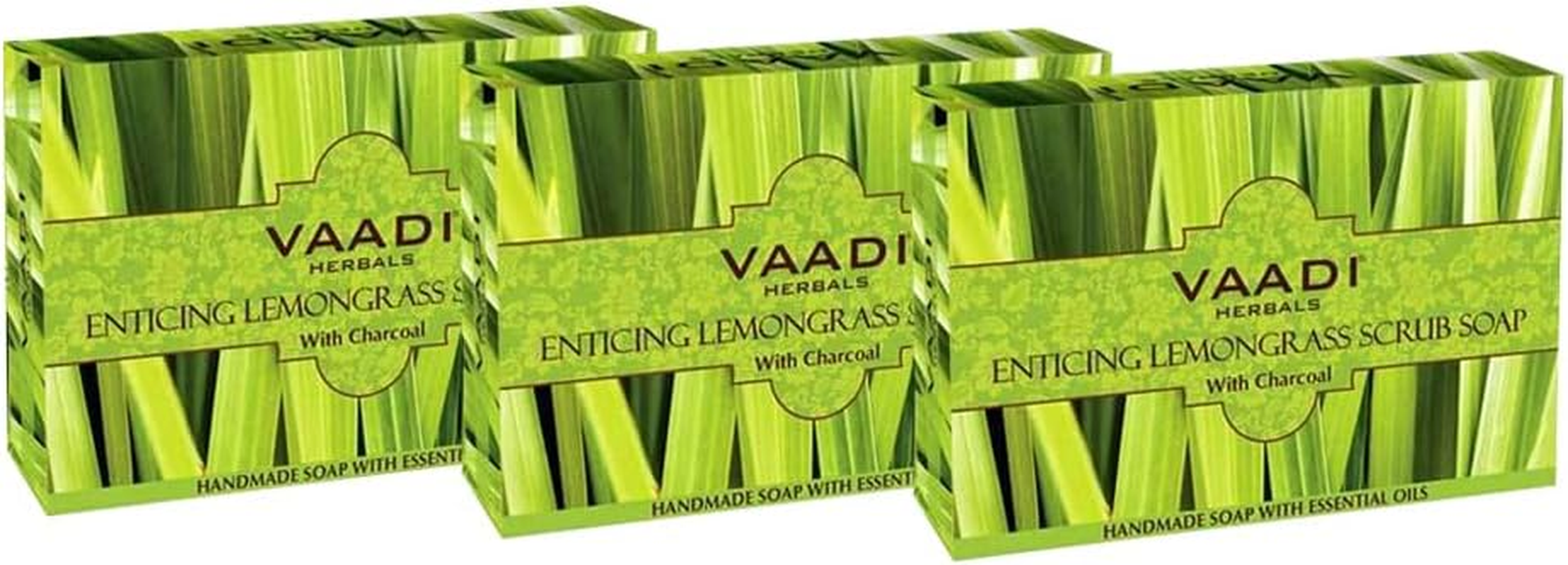 Vaadi Herbals Organic Body Soap Bar Enticing Lemongrass Scrub Soap with Activated Charcoal anti Bacterial Body Soap Bar Sulfate Free Exfoliating Soap - Handmade Herbal Soap (Aromatherapy) with 100% Pure Essential Oils - Deep Pore Cleansing Removes Pimples Oil Control All Skin Type 3 X 75 Gm