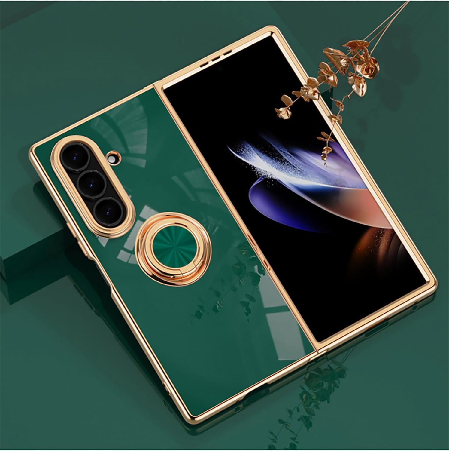 ILING Case for Samsung Galaxy Z Fold 7 with 360 Degree Ring Stand, Luxurious Galvanised Gold Trim, Soft TPU Silicone, Shockproof Protective Case, Ultra Thin Women'S Mobile Phone Case (Black)