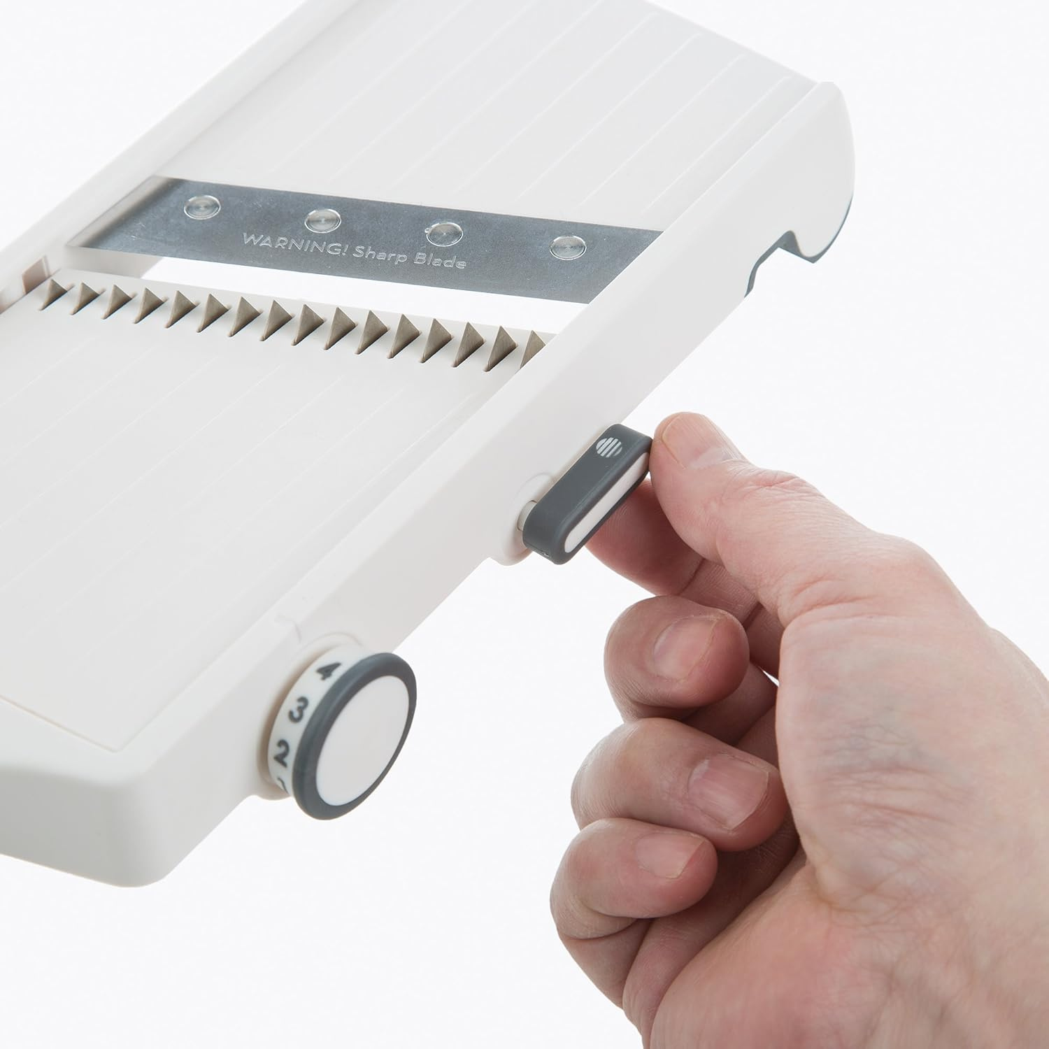 Progressive Hand-Held Adjustable Julienne and Slicer - Angled Stainless Steel Blade, Four Thickness Levels, Sturdy Hand Guard W/Strong Stainless Steel Prongs, Non-Skid Edge - White/Grey image number 2