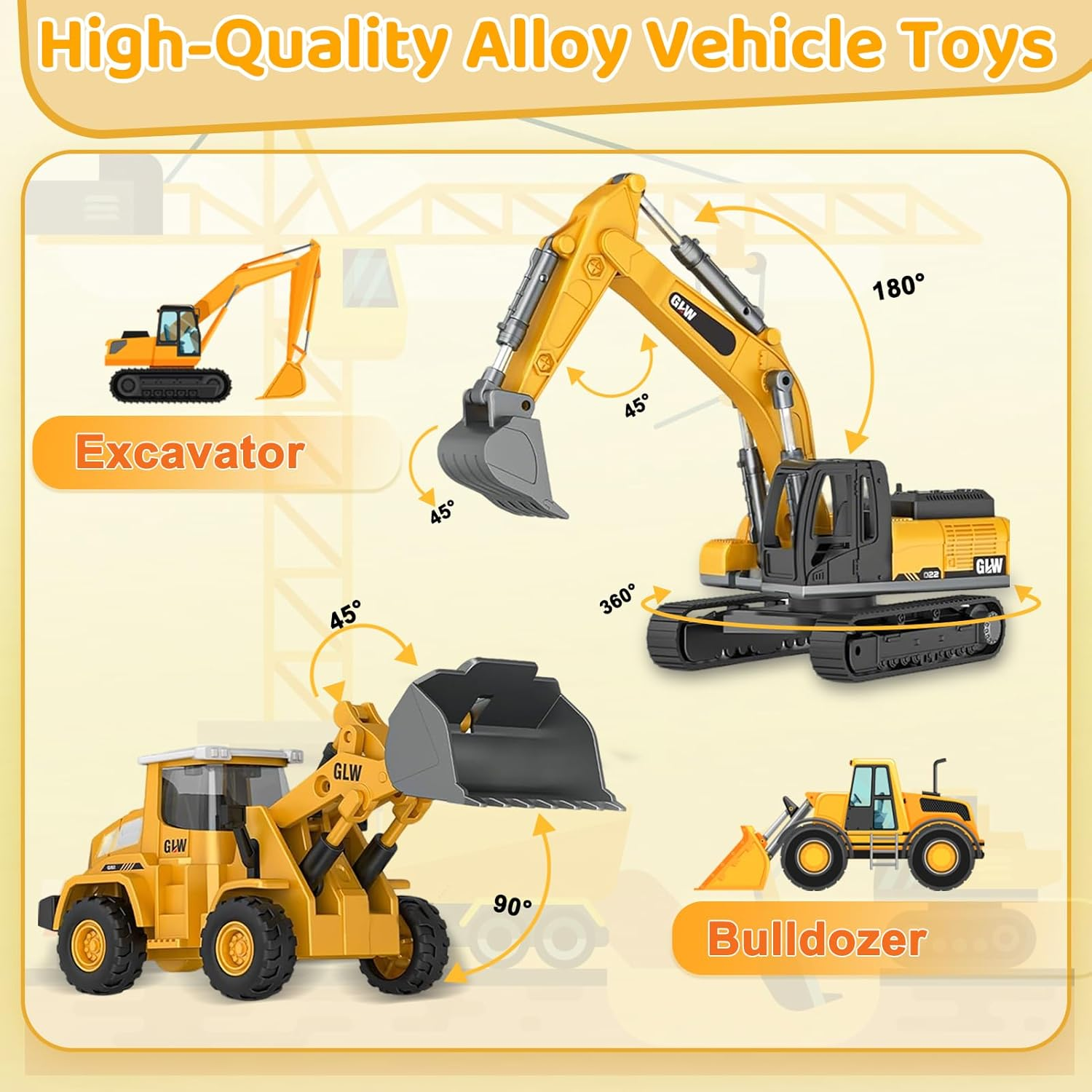 Caunedy Construction Carrier Trucks Toy Set, with Semi Truck, Excavator, Bulldozer, Alloy Engineering Vehicles, Lights & Sounds for Kids 3-7 Years Old Gift