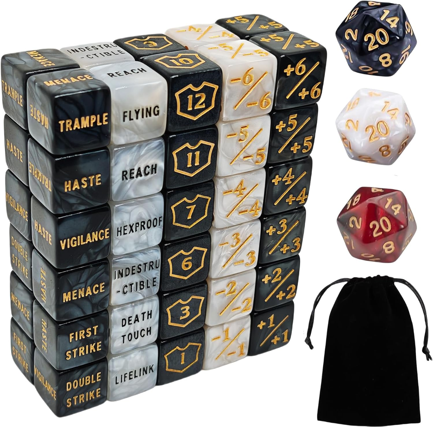 63 PCS MTG Counter Dice Set - Abilitykeyword Counters, -1/+1 Life, Shield Life Counter Dice, Creature Stat Buffs, Marble Colour D6 Cube Dice, for MTG, TCG, Card Games (Includes Black Bag) image number 2