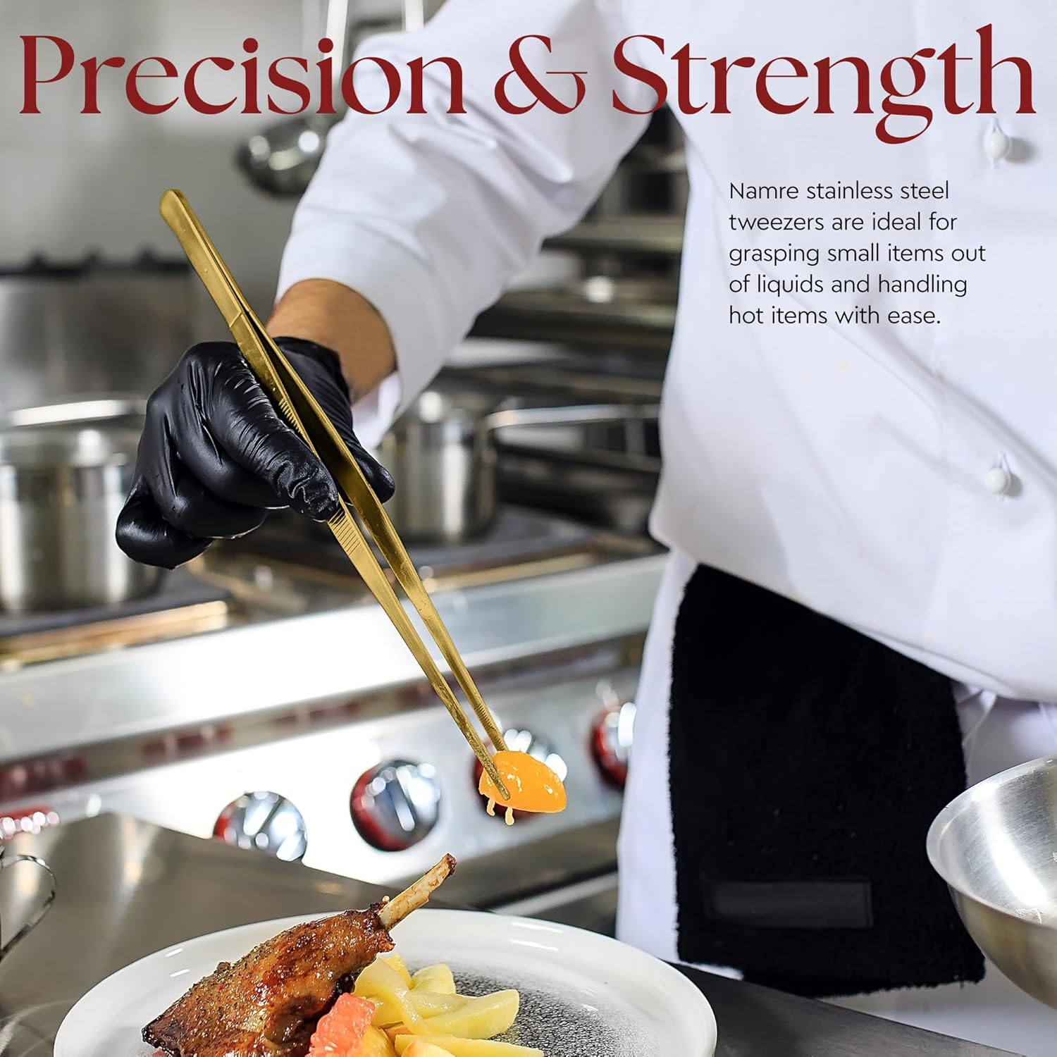 Namre' Tweezer Tongs for Cooking -Plating - 2 Pack Stainless Steel Cooking Tongs - Thin Chopstick Precise & Strong Chef Tweezers for Food & Small Objects - 12 Inch - (Gold) image number 6