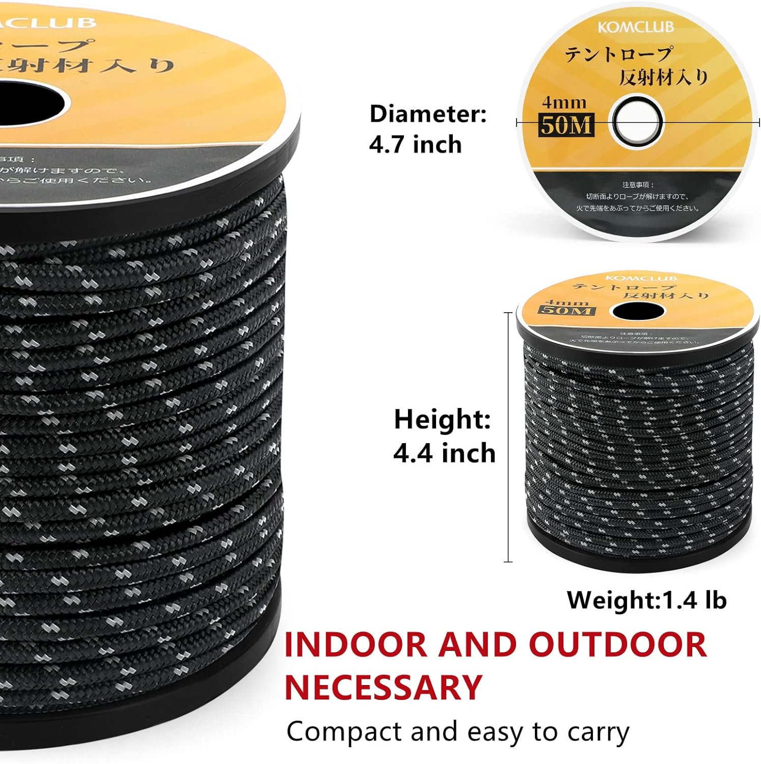 KOMCLUB Camping Rope Camping Reflective Rope,Adjuster Guy Lines Tent Cords,Lengths 50M,Diameter 4Mm,For Camping,Hikingand,Backpacking (Orange) image number 3