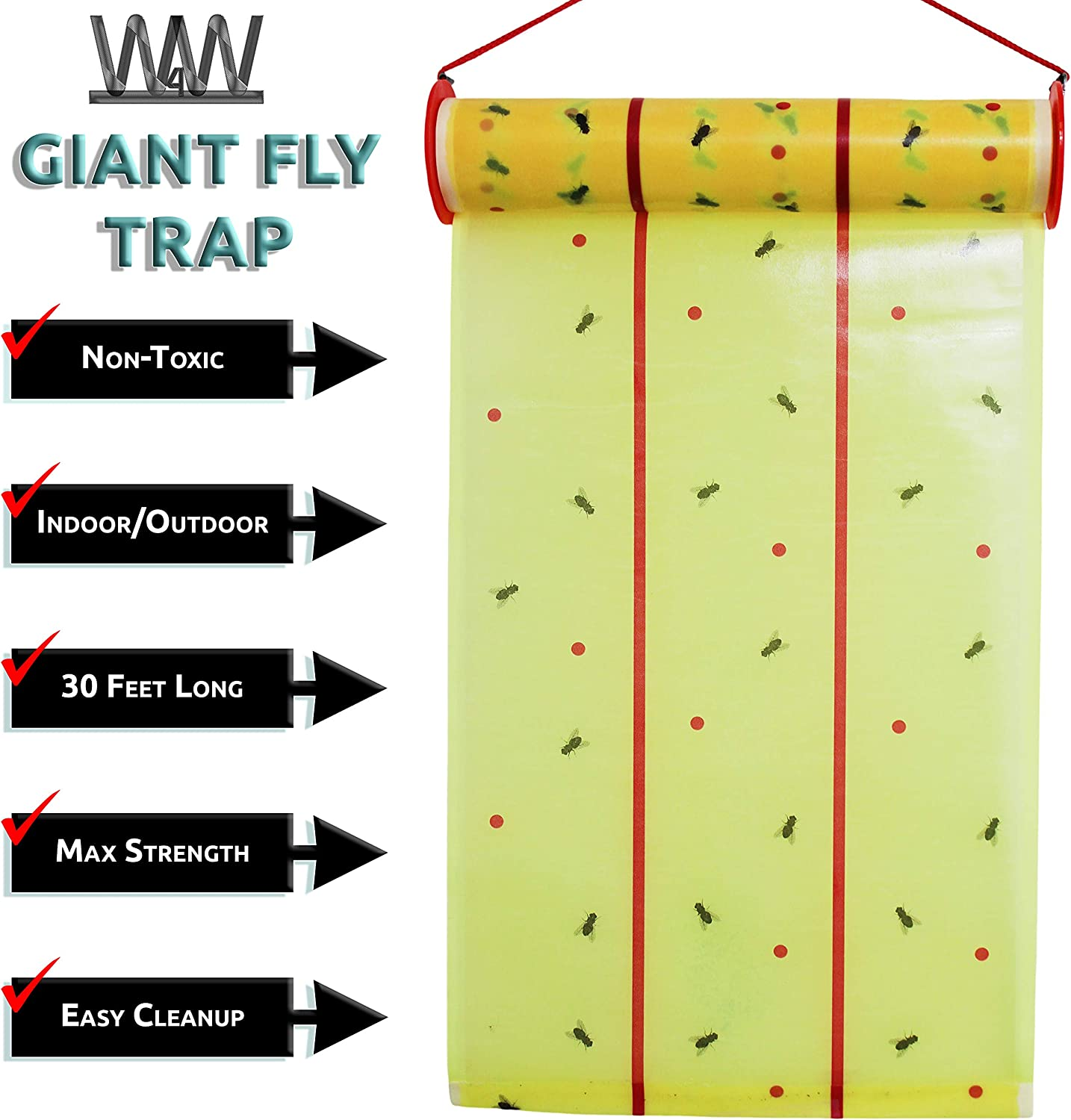 W4W, Giant Sticky Fly Trap Roll - MAX Strength - Outdoor/Indoor - Non Toxic - for Flies and Other Bugs (2 Pack- Contains 2 Giant Fly Rolls) image number 1