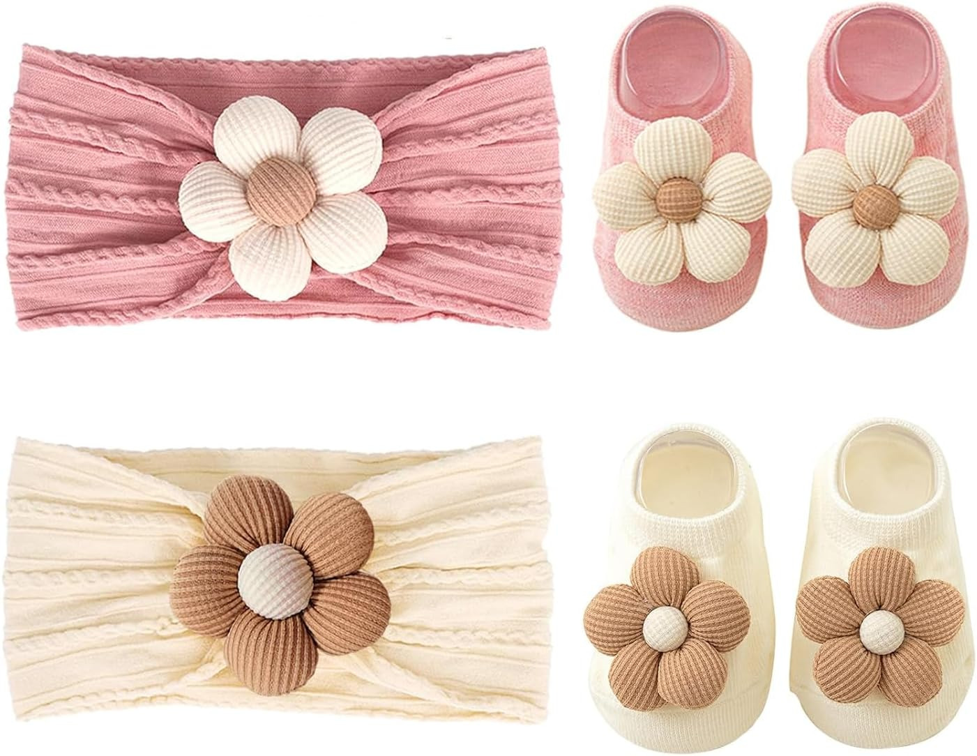 Baby Girl Headbands and Socks,Non-Slip Grips Socks Flower Soft Hairbands Hair Accessories for Infant Toddler Kids (US, Age, 6 Months, 12 Months, Pink Beige) image number 3