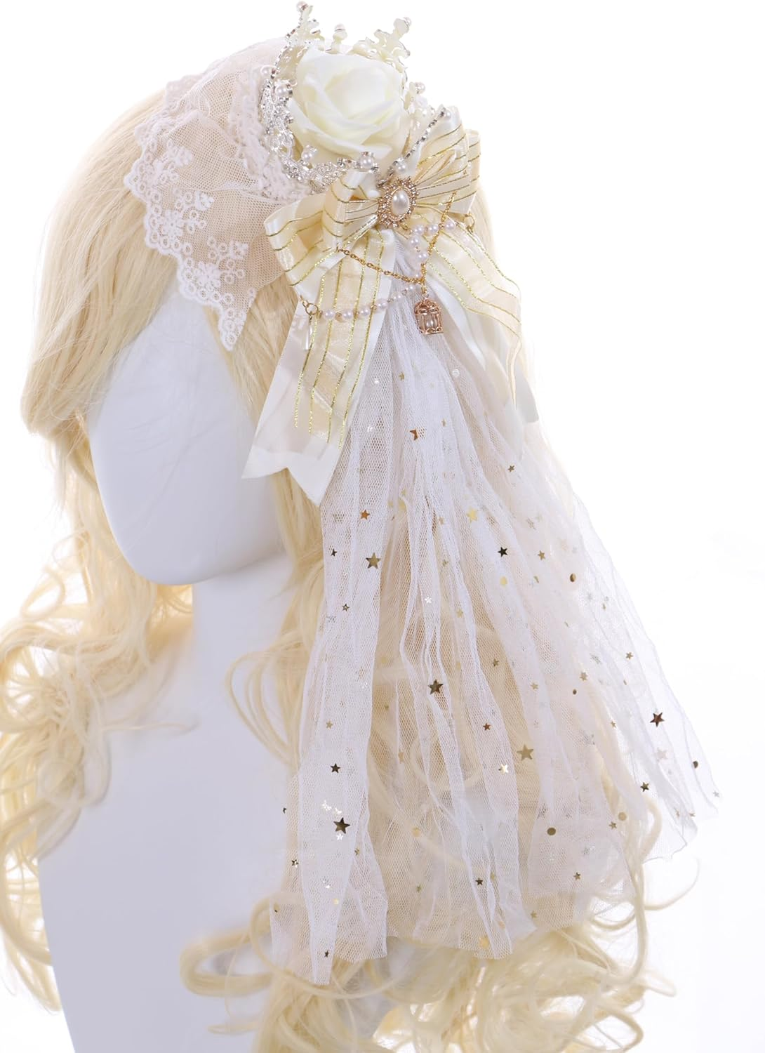 C-105-3 White Veil Gold Crown Red Rose Bow Lace Ruffle Gothic Lolita Party Celebration Hair Accessories Head Accessory