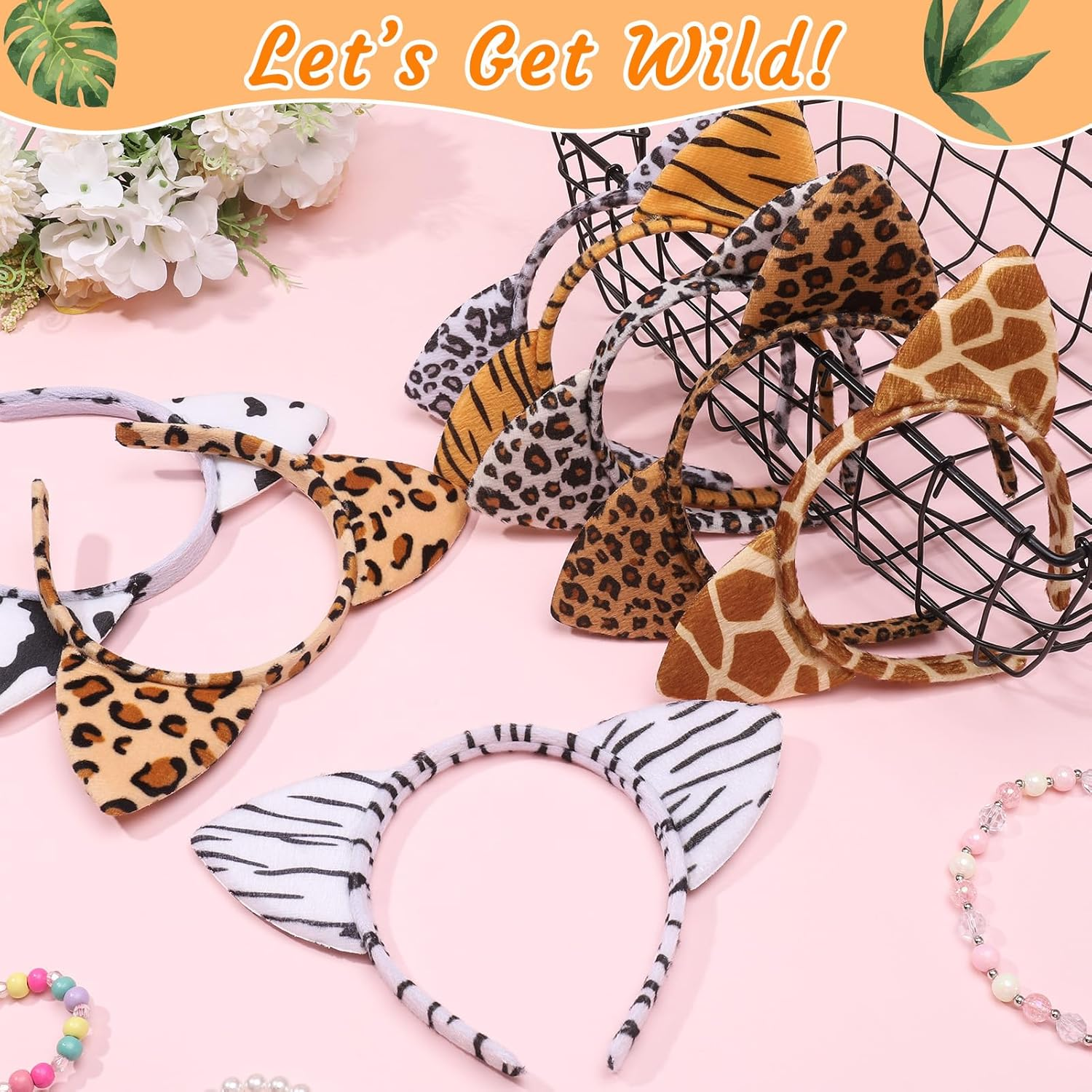 Hoemwarm 24Pcs Cheetah Ears Headband Animal Ears Headband Ear Hair Accessories Cat Ears Hairband Tiger Zebra Leopard Cat Ears Headband for Halloween Birthday Cosplay Party Decorations Supplies