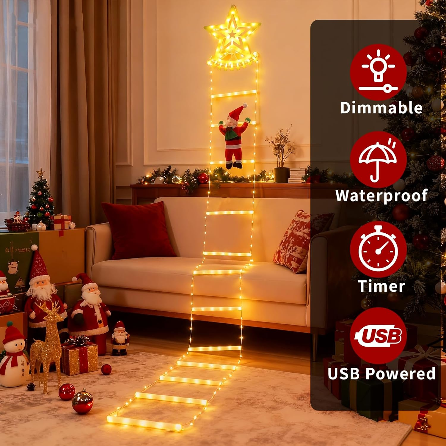Qoosea LED Santa Claus Ladder Fairy Lights, 2.7 M LED Christmas Lighting Outdoor with Timer, Memory Function, 8 Modes, for Indoor Outdoor Christmas Tree Window Christmas Decoration image number 6