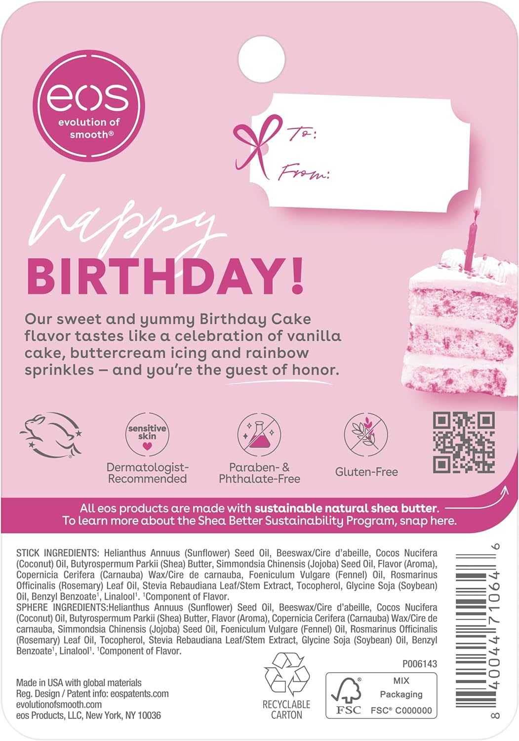 Eos Natural Shea Lip Balm- Birthday Cake, All-Day Moisture Lip Care Products, 0.39 Oz image number 6