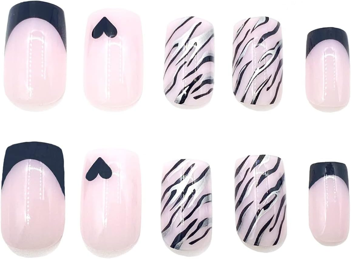 Medium False Nails, Silver Stripes French Nails for Gluing with Adhesive Stickers, 24 Pieces French Press on Nails, on Nails for Women and Girls, Valentine'S Day Fake Nails
