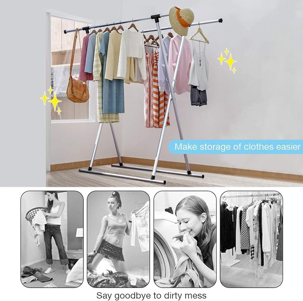 Forthcan Clothes Drying Rack Laundry Drying Racks Double Rail Adjustable Telescopic Folding Space Saving Drying Rack Multi-Functional Clothing Rack for Bedroom Living Room Laundry, Sliver image number 4