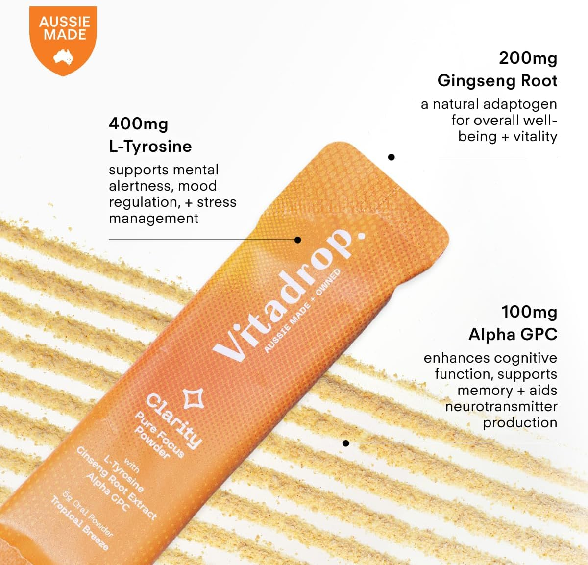 Vitadrop Hydrate+ Pure Focus: 400Mg L-Tyrosine, 200Mg Ginseng Root Extract + 100Mg Alpha GPC (Tropical Breeze Flavour) image number 1