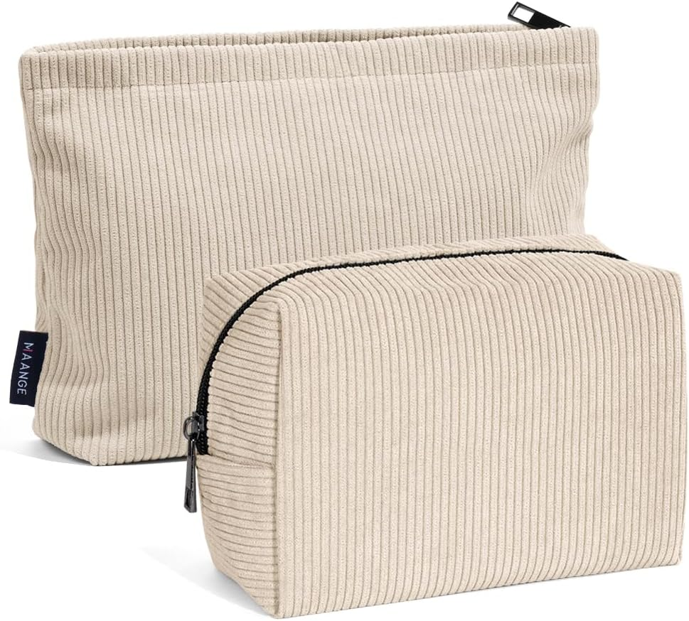MAANGE Cosmetic Bags for Women Small Makeup Bag for Purse Corduroy Makeup Pouch Travel Makeup Bag Portable Make up Bag for Travelling (Beige) image number 3