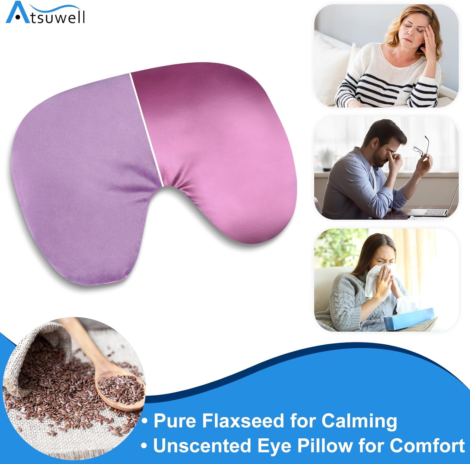 Atsuwell Sinus Mask, Warm Cold Compress Eye Mask for Dry Eyes, Weighted Eye Pillow Microwavable Face Heating Pad for Soothing Sinus Pressure and Relaxation, Pink - Blue image number 3