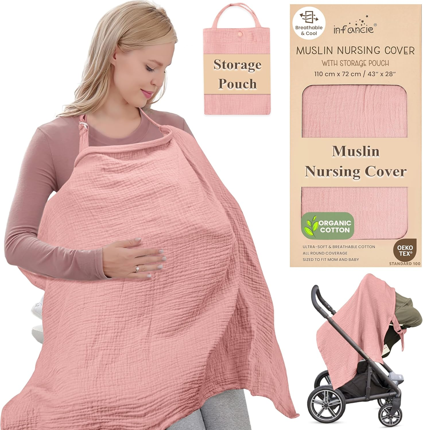 Organic Cotton Nursing Cover - 109 X 71 CM Breathable Muslin Breastfeeding Cover, Multi-Purpose for Women (Pink)