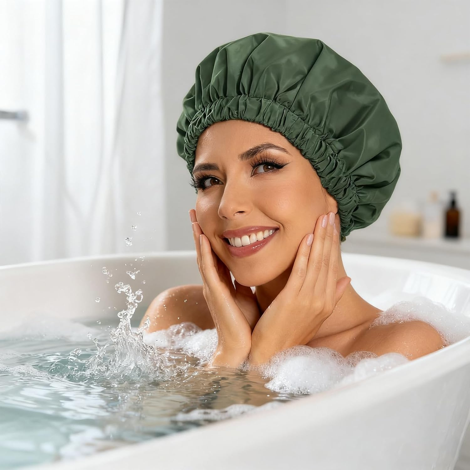 Xolixorium Reusable Shower Cap for Women Large Waterproof Shower Bonnet Washable with Elastic Band Bath Hair Hat for Long Hair and Braids Green