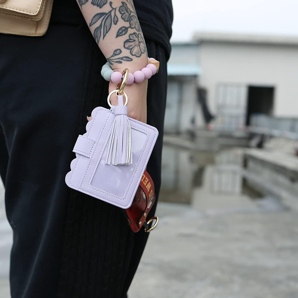 Silicone Beaded Bracelet Leather Keychain Wallet ID Card Holder Keyring Wristlet Bracelet Key Ring Chain Tassel Purse Women Girls Light Purple