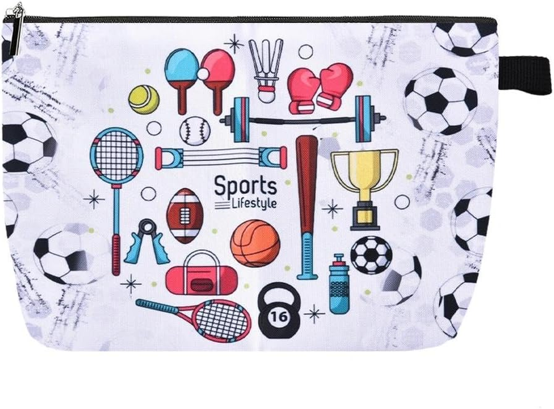 Sports Makeup Bag Multi-Sport Design Canvas Cosmetic Pouch for Sports Lover Soccer Fan Portable Fitness Toiletry Organizer for Women Men Athlete Travel Gym Party Favor Gift​ image number 4