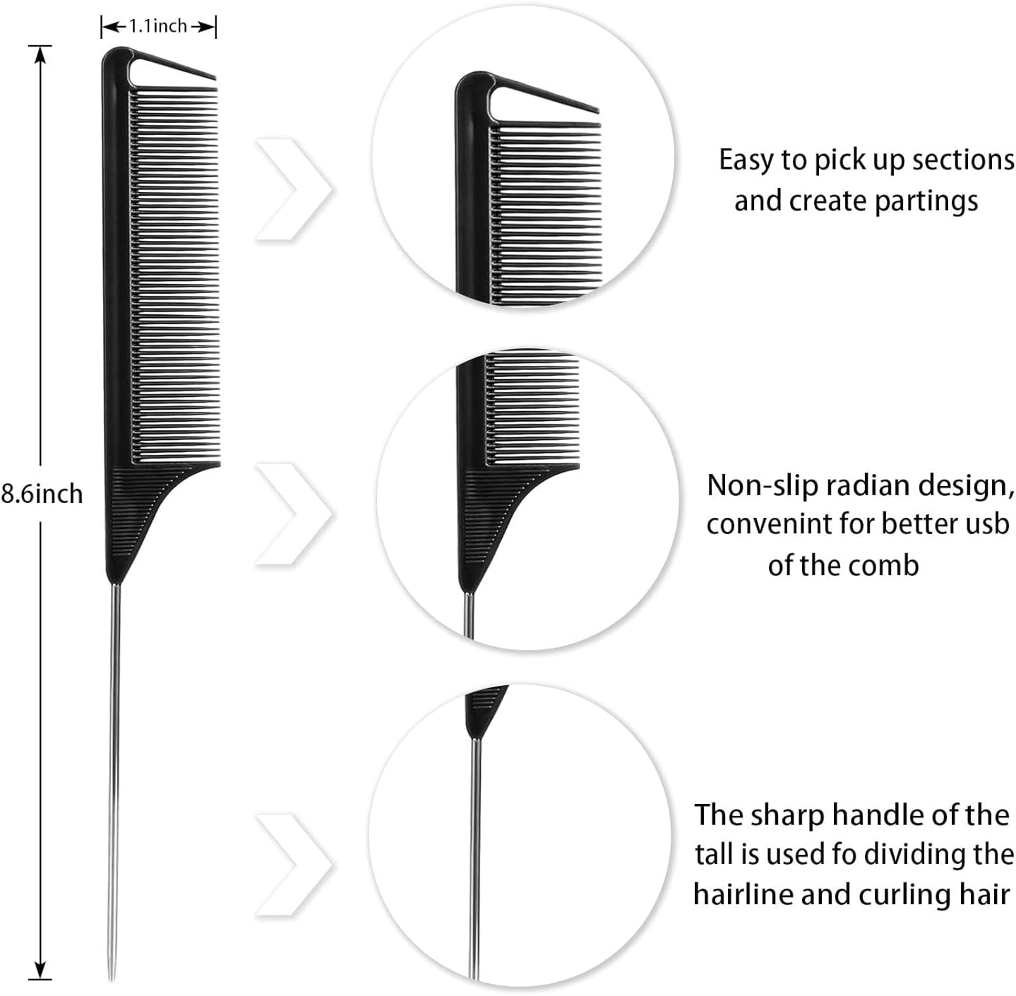 Hroevc 3PCS Rat Tail Combs, Parting Combs for Braiding Hair Women/Wen, Metal Fine Tooth Combs for Highlighting and Parting(Purple, Black, Pink) - Pink image number 3