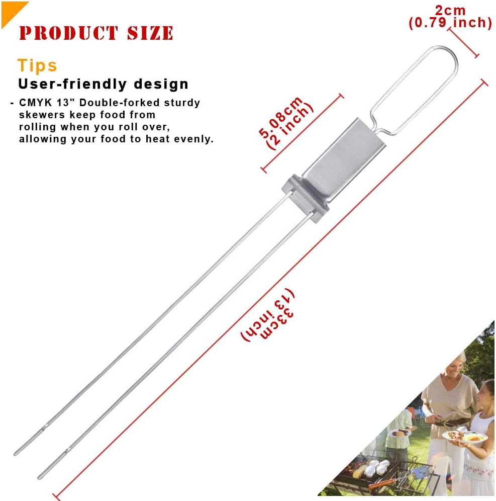 Skewers for Grilling - 13" Kabob Skewers with Push Bar Double Pronged Anti-Roll Metal Skewers for Kabobs, Stainless Steel Reusable BBQ Skewers for Grilling,Ideal for Meat Shrimp Vegetable 6Pcs image number 2