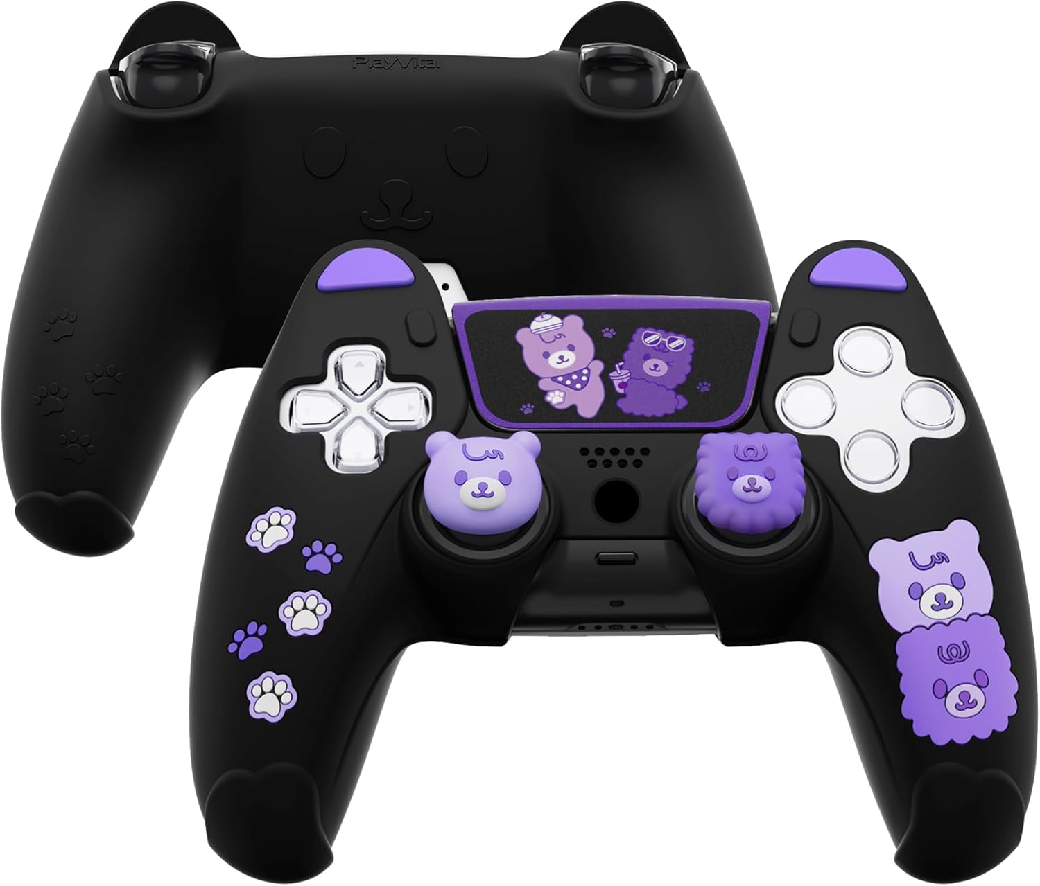Playvital Cute Bear Controller Silicone Case for Ps5, Kawaii Controller Cover Compatible with Charging Station, Gamepad Skin Protector for Ps5 with Touch Pad Sticker & Thumb Grips - White & Pink