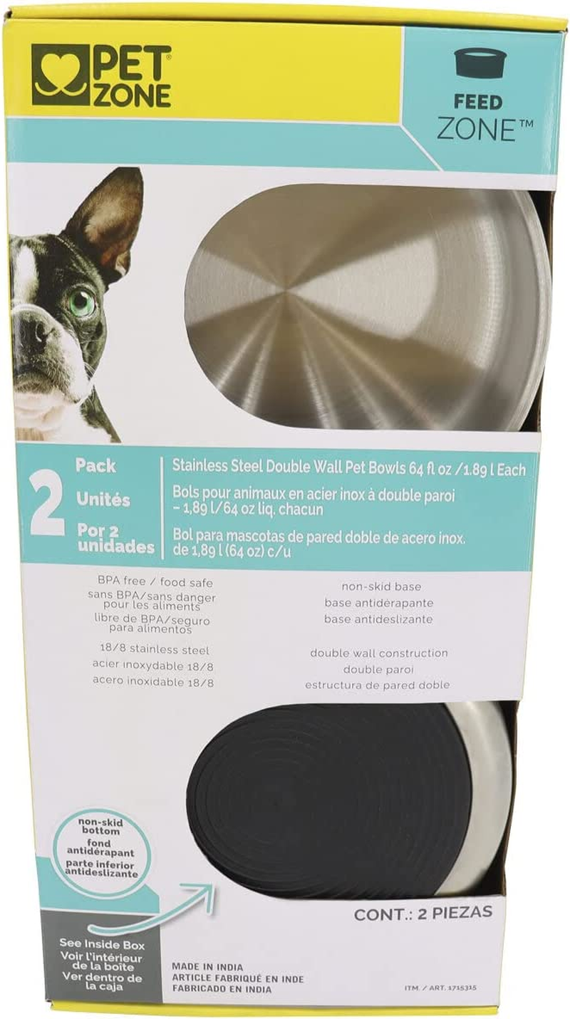 Pet Zone Feed Zone Stainless Steel Double Wall Pet Bowls with Non-Skid Bottom 2-Pack, 64 Fl Oz Each image number 3