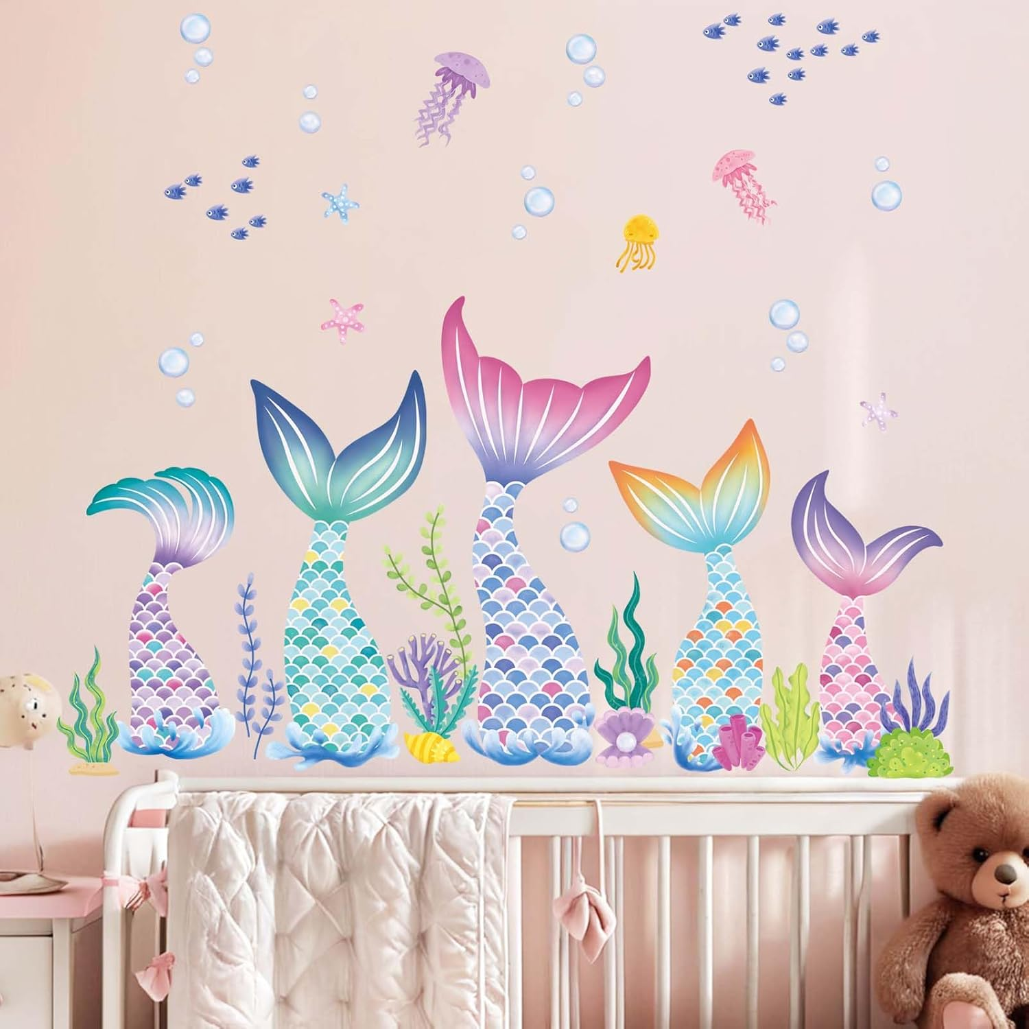 Amimagen Baby Girls Mermaid Tail Wall Stickers - under the Sea Marine Theme Wall Decals - Nursery Kids Room Daycare Bedroom Bathroom Wall Decor image number 3