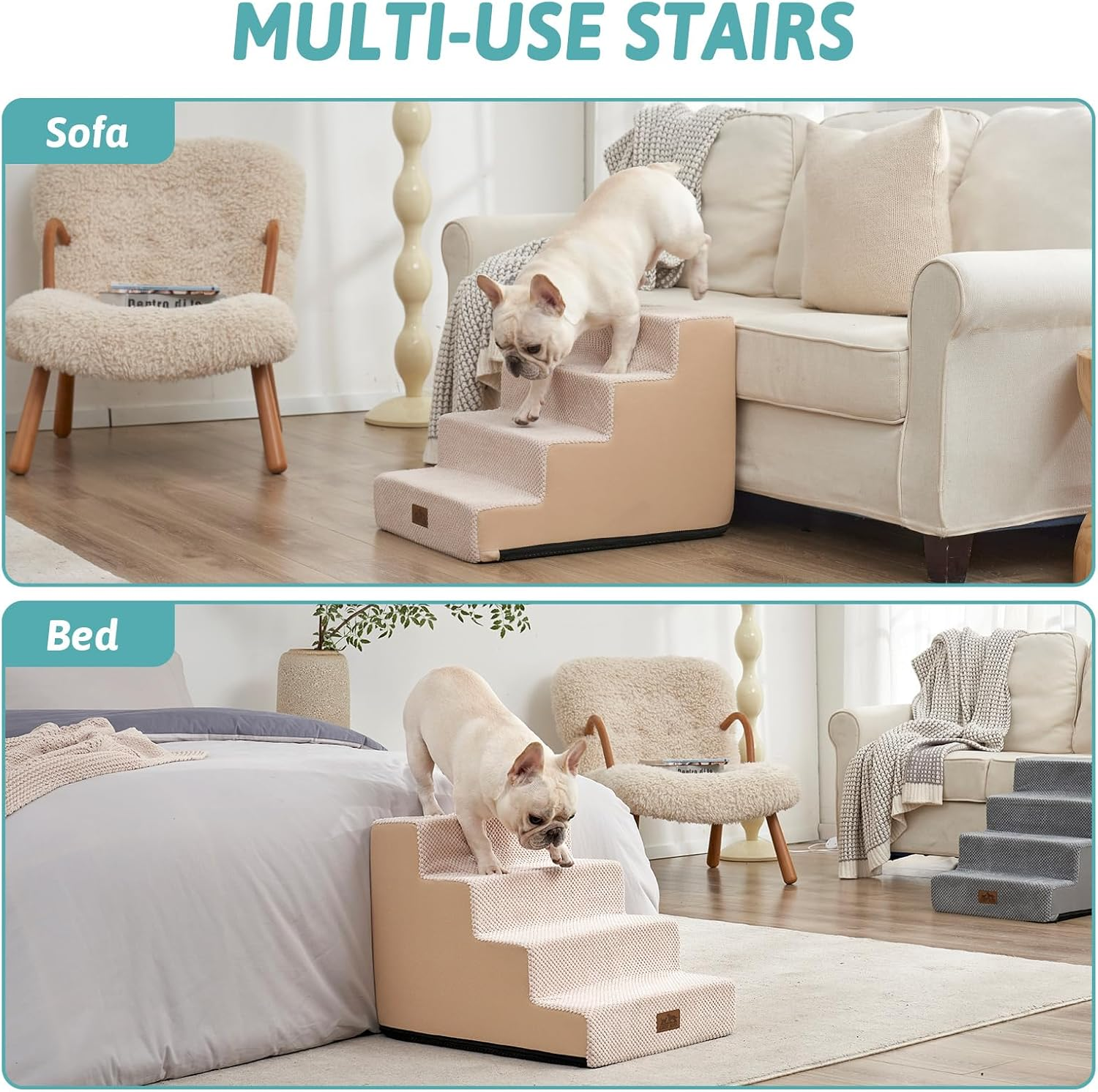 Cozy KISS Dog Stairs for Small Dogs, 4 Tier Wider Pet Stairs for Couch and Beds, 45 Cm Non-Slip Dog Steps for Old Cats, Puppy, Small Medium Dogs,45X60X45 Cm, Beige image number 1