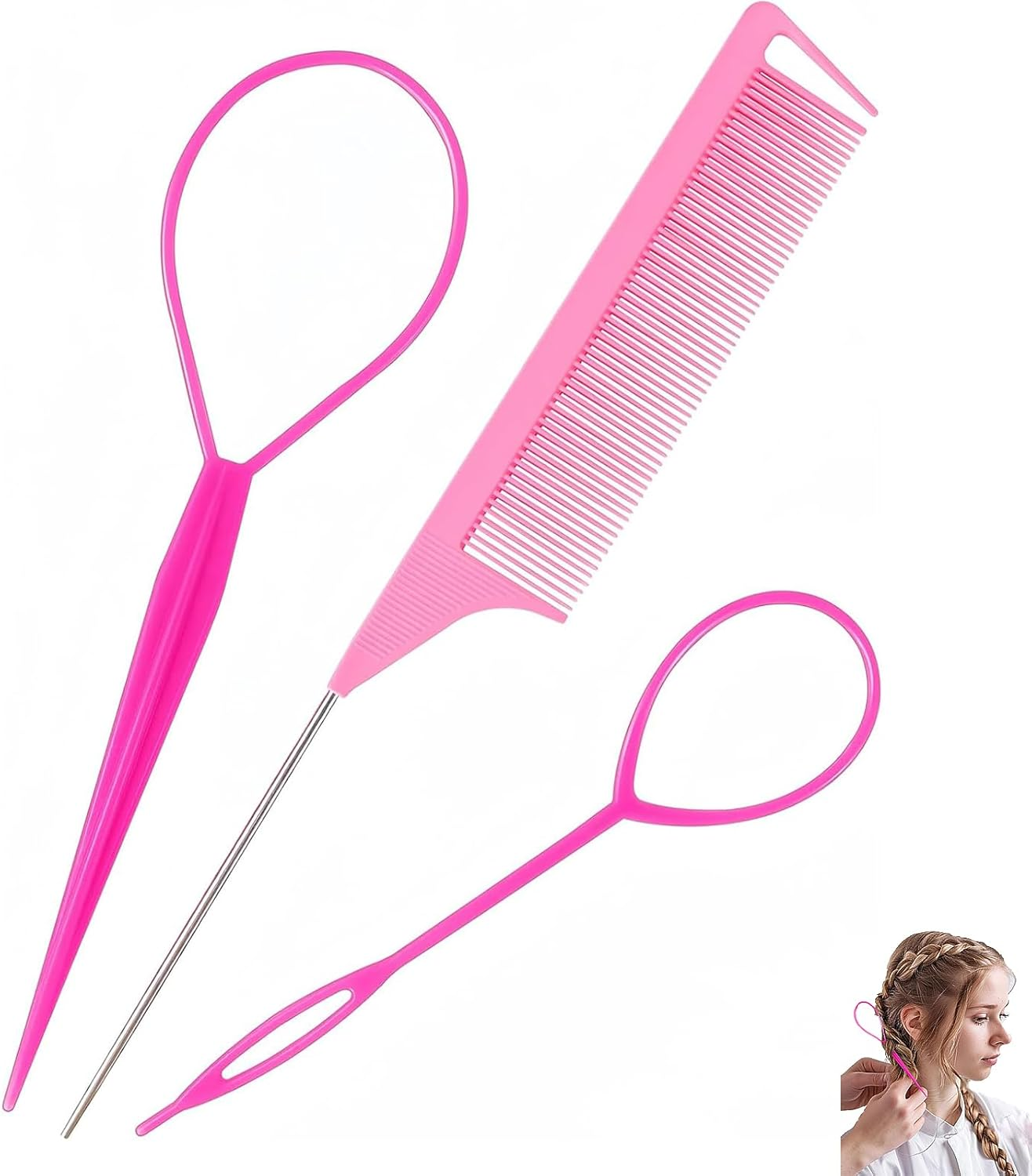 3Pcs Hair Styling Accessories, Hair Tools, Hair Loop Pull through Tool, French Plait Hair Braiding Tool, Hair Pull through Tool,French Braid Loop Tool, for Making Women and Girls Hair Style image number 5