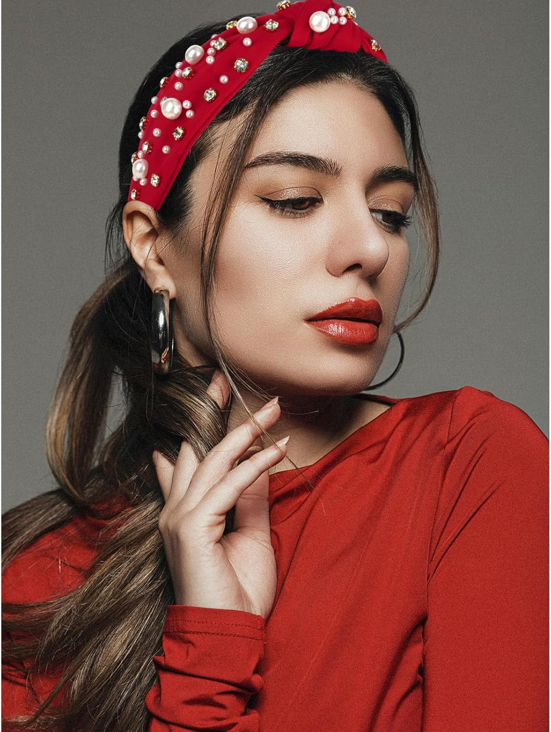 Uintoon Red Headband for Women Pearl Knotted Headband Sparkly Rhinestone Pearls Top Knotted Headbands Womens Fashion Hair Accessories Cute Hair Bands - Brown image number 3