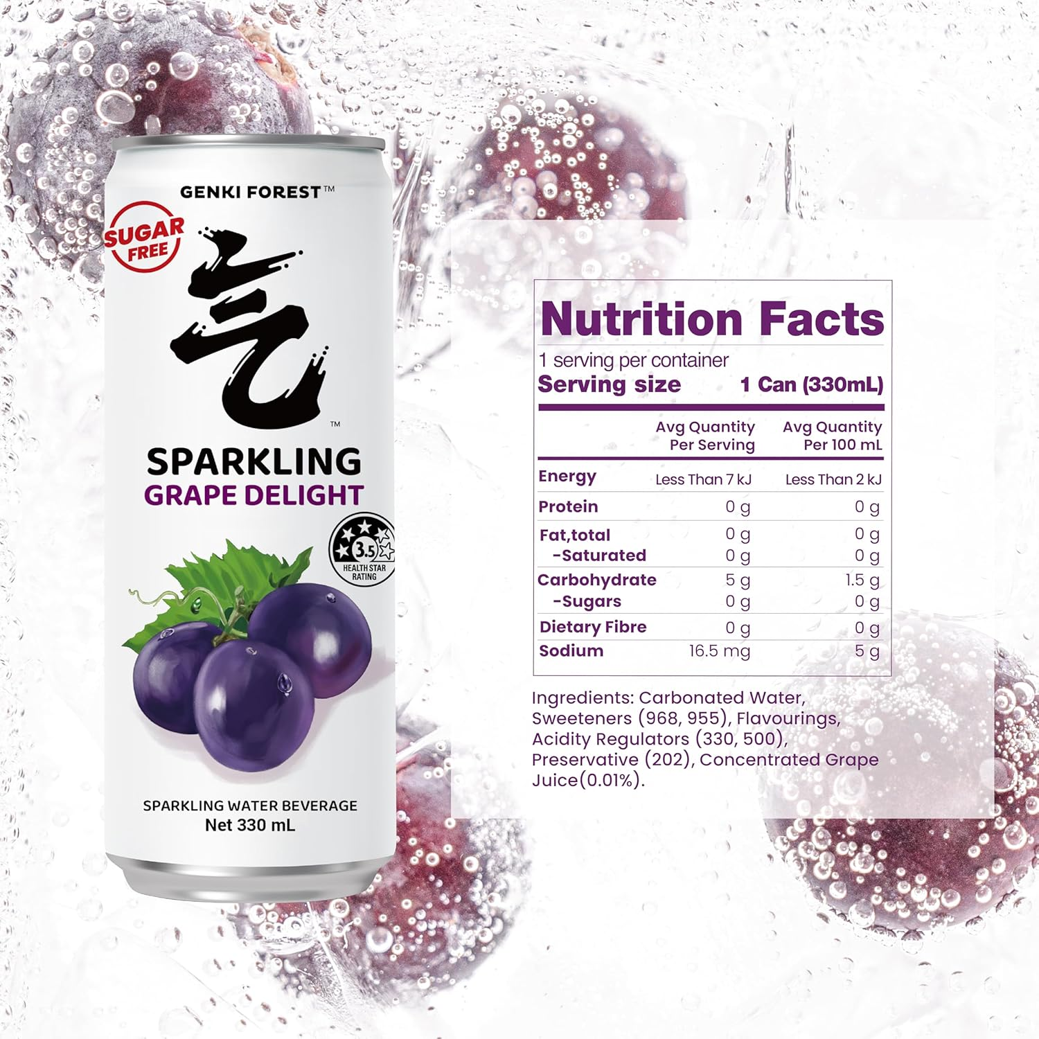 GENKI FOREST Grape Delight Sparkling Water Beverage, Zero Sugar Drinks, 330Ml X 24 CANS image number 3