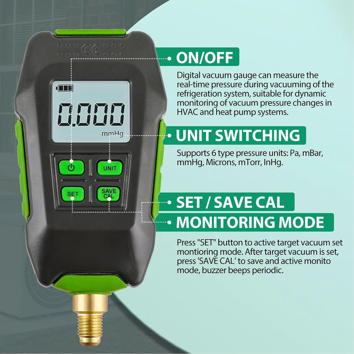 Digital Vacuum Gauge, Large Screen Display, Professional Accuracy, Integrated Extension Connector, 7/16In 20UNF Interface, 4 Vacuum Units, Water Dust Resistant image number 1