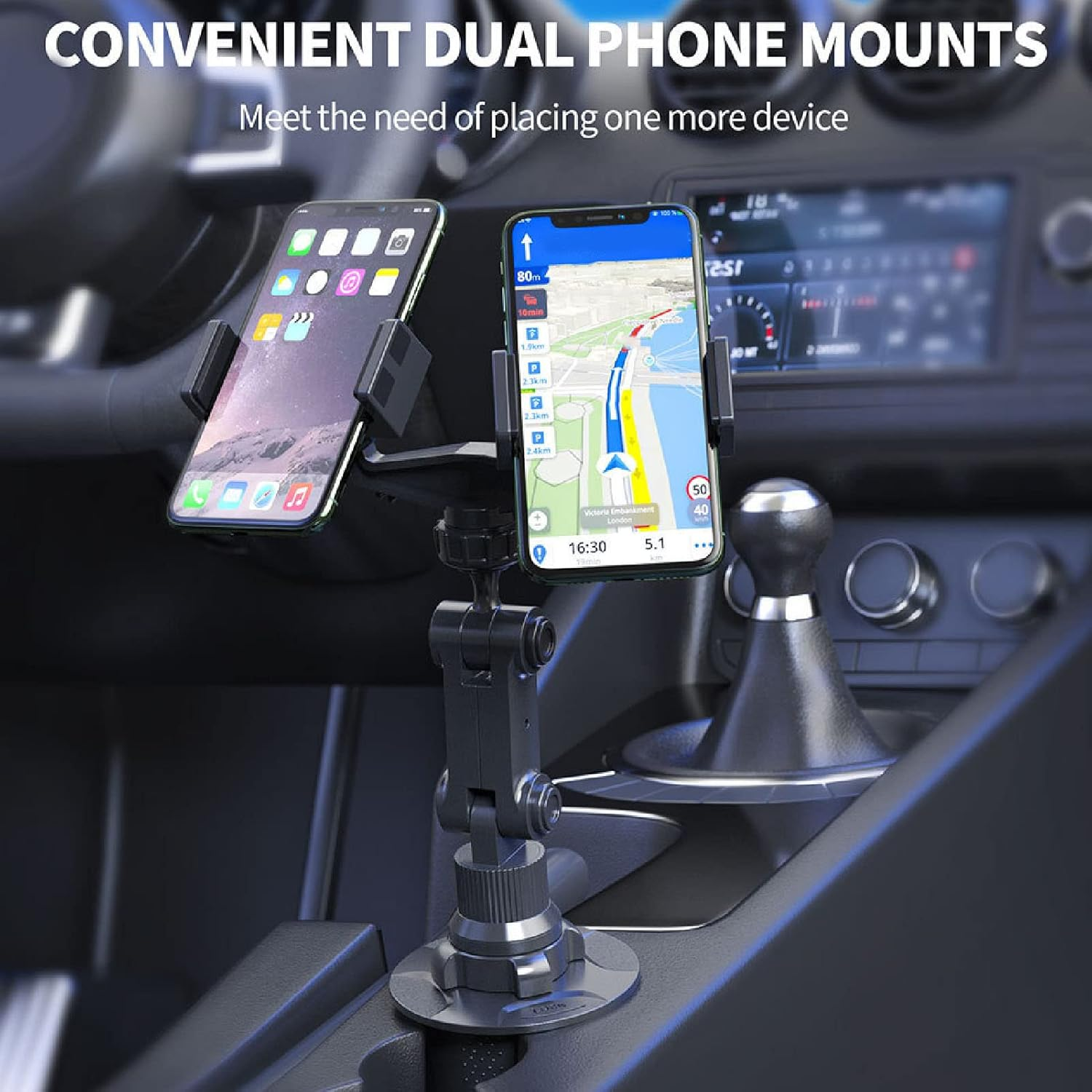 Car Cup Phone Holder 360 Degree Rotation Universal Adjustable Cup Holder Phone Mount with 2 Devices for Ios Phone for Galaxy, Sturdy and Construction, Easy Installation image number 5