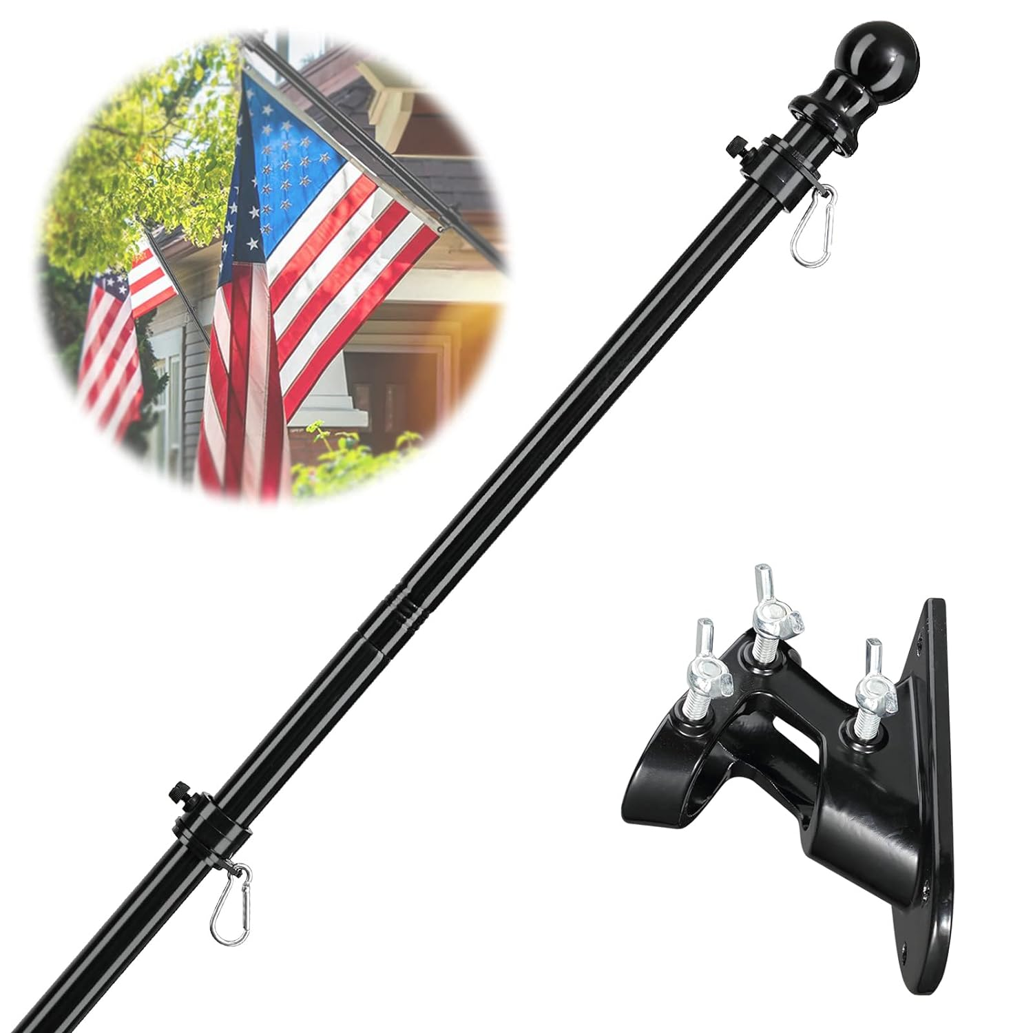 Barcetine American Flag Poles for outside House - 6Ft Tangle Free Flag Pole for House with Holder Bracket,Residential Flagpole Kit for Outdoor Porch Garage - Black image number 3