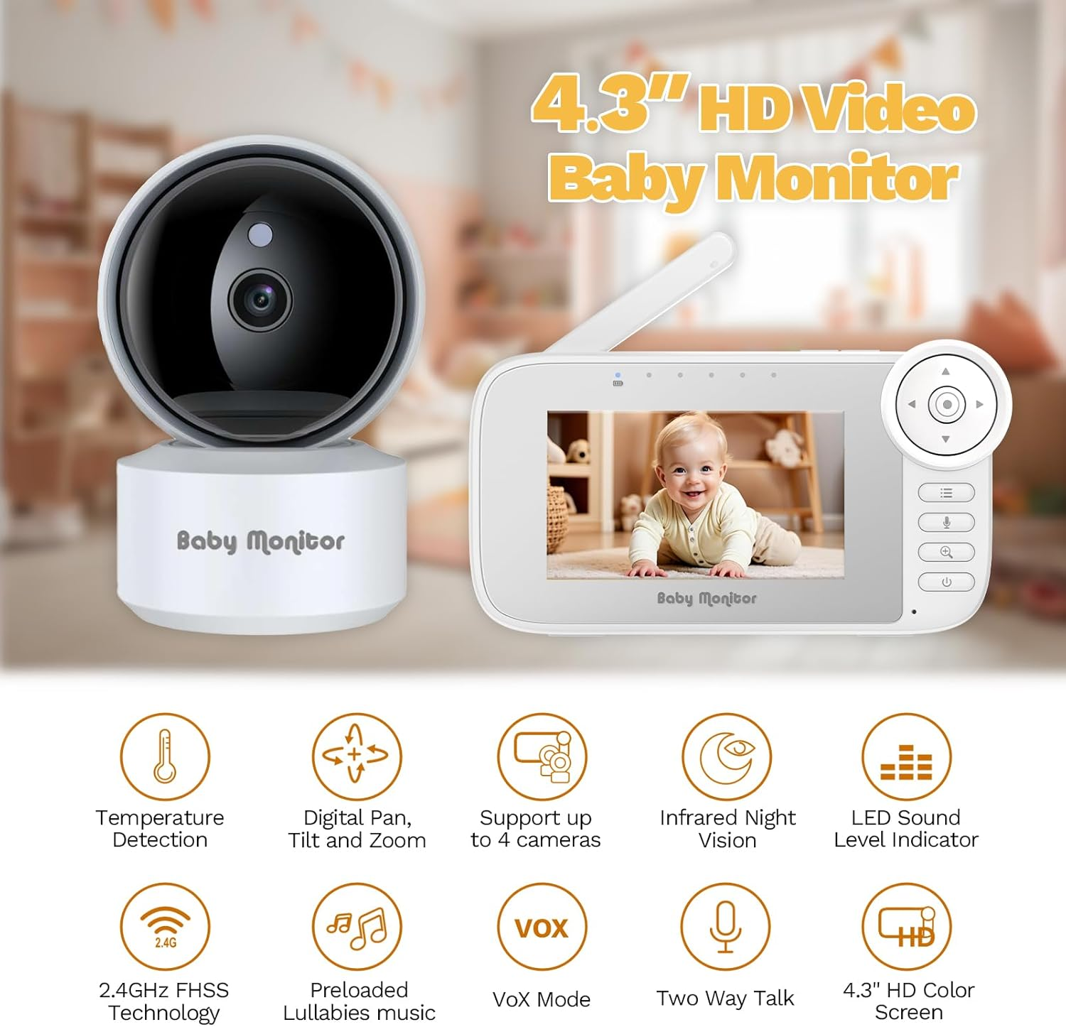 Video Baby Monitor with Camera and Audio, Cry Detection, Temp. Sensor, Night Vision, 4.3" Screen, 10 Lullabies, Baby Feeding Alert, Digital Zoom, Non-Wifi Baby Camera Monitor for Newborn Baby, Elder image number 3