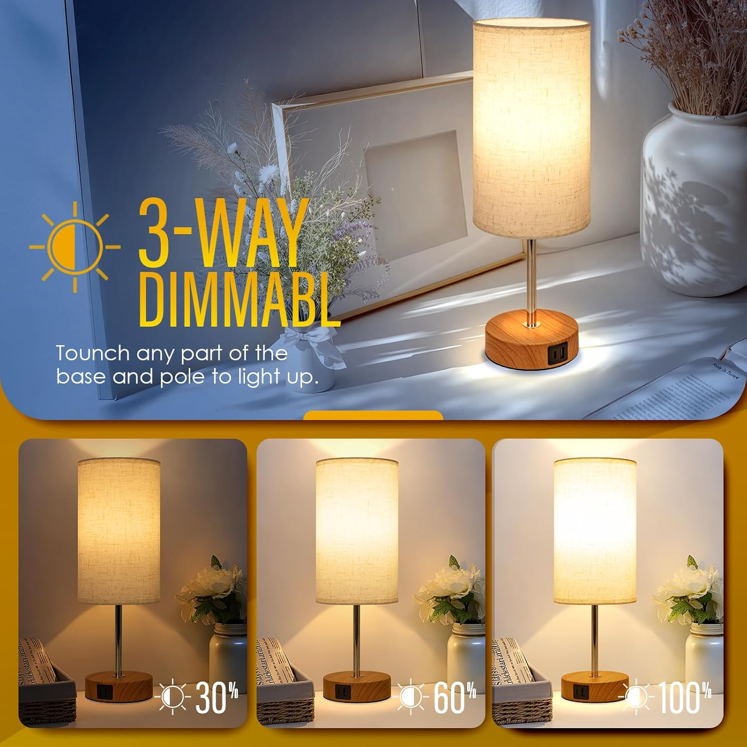 Erumpere Bedside Lamp with USB A+C Port Set of 2 - Touch Control Table Lamp for Bedroom 3 Way Dimmable Nightstand Lamp with Linen Fabric Shade for Living Room, Dorm, Home Office (LED Bulb Included) image number 6