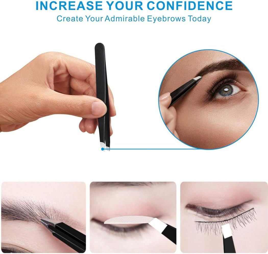Idopick 4 Pack Tweezers Set, Professional Stainless Steel Tweezers for Eyebrows Great Precision for Facial Hair, Splinter and Ingrown Hair Removal with Leather Travel Case,Black image number 5